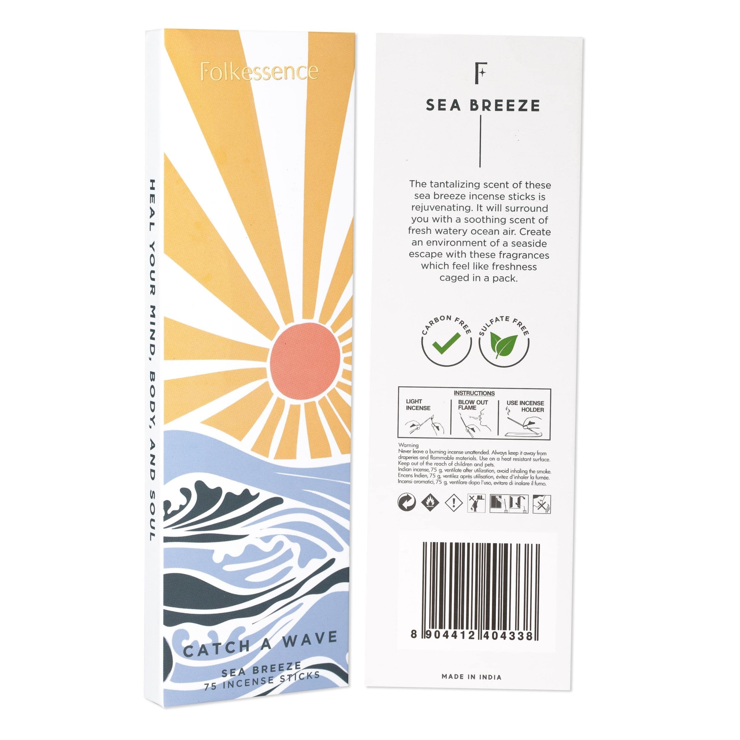Folkulture Sea Breeze Incense Sticks - Pack of 75 Insenses for Cleansing - Natural and Non -Toxic Inscents-Sticks - Farmhouse Gift Set for Meditation - Organic and Slow Burning (Catch a Wave)