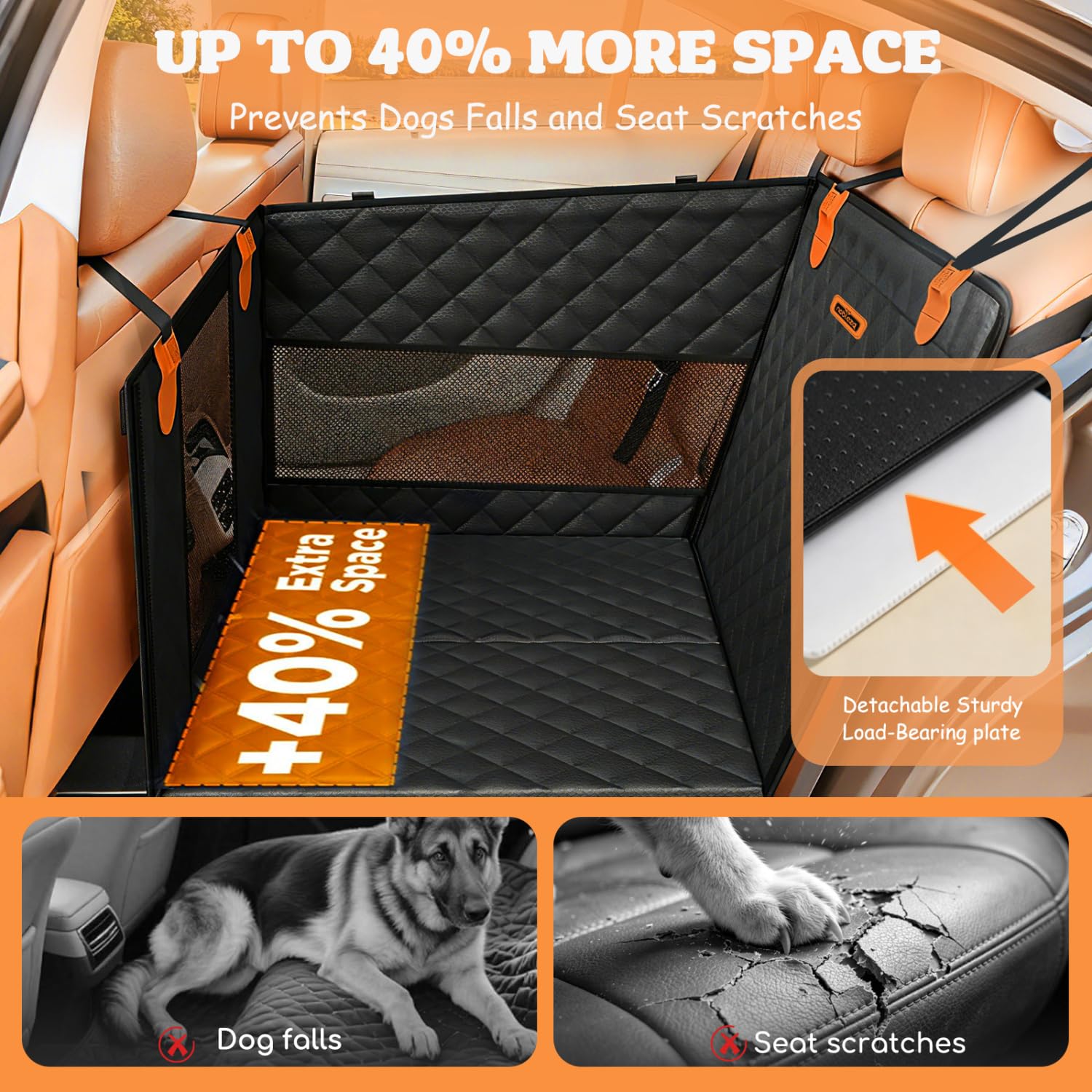 Nobleza Asiento de Coche para Perro L72xW58xH55cm Negro - Extensor de Asiento Trasero Extra Estable con Estructura de Tubos de Hierro y Base Rígida Desmontable Que Amplía un 40% el Espacio |