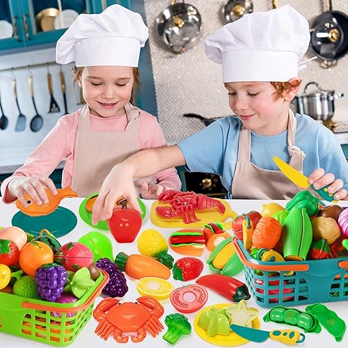 Miniatura 7 de Juego de comida para niños de cocina, 100 piezas de juguete de cocina para niños pequeños, cortar alimentos falsos, frutas y verduras accesorios con