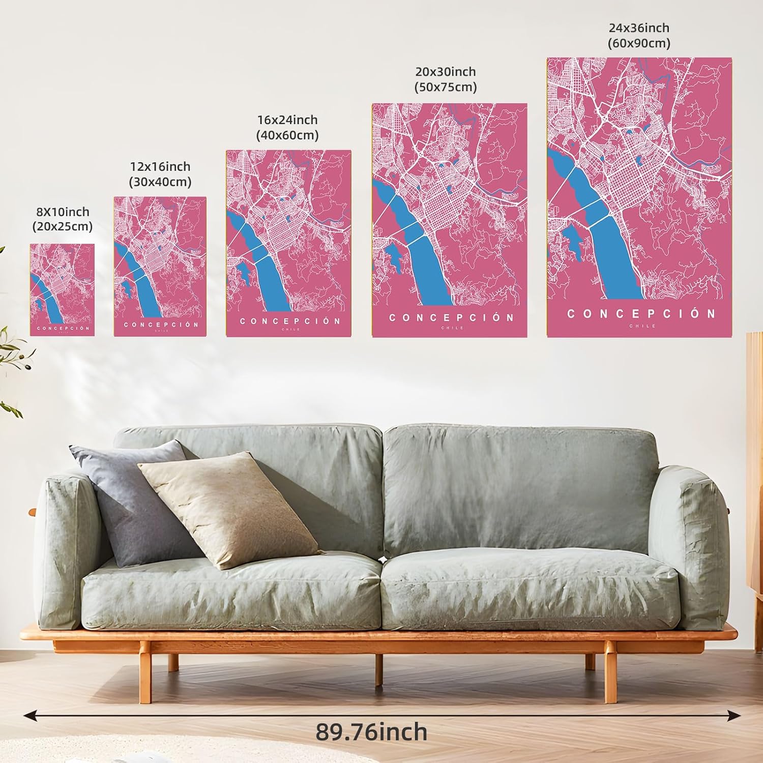 Framed Concepcin Chile Map Poster Canvas Print Art Modern Wall Art Painting Trendy Pictures Wall Decor Art Print for Living Room Office Decoration (Wood Framed,12L x 16W)