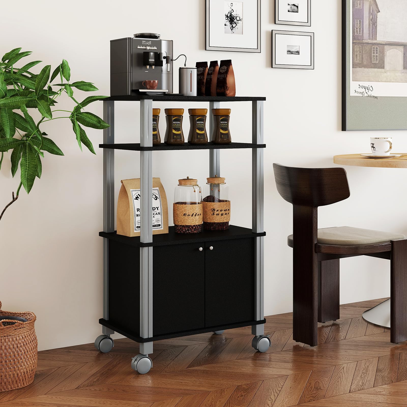 KOMFOTTEU Carrello da Cucina a 3 Livelli per Microonde, Carrello Portaoggetti con Ruote e Armadio con Porta, Carrello di Servizio in Legno, Organizer per Sala da Pranzo, 60 x 40 x 98 cm (Nero)