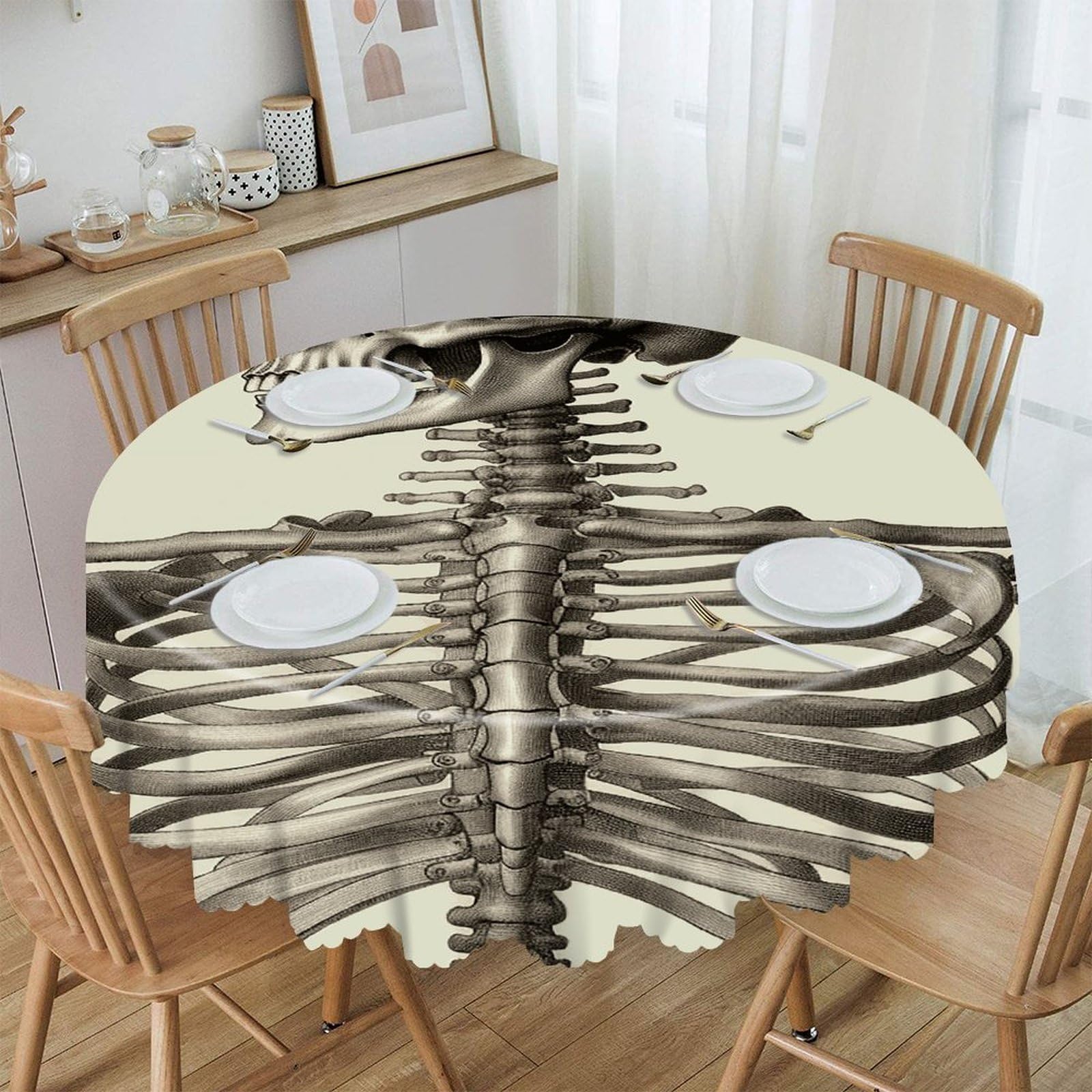 Btcowzrv Style Human Skeleton Polyester Round Tablecloth 59.84 Inch, Decorative Washable Table Cover, Table Cloth For Restaurant Picnic Indoor And Outdoor Dining