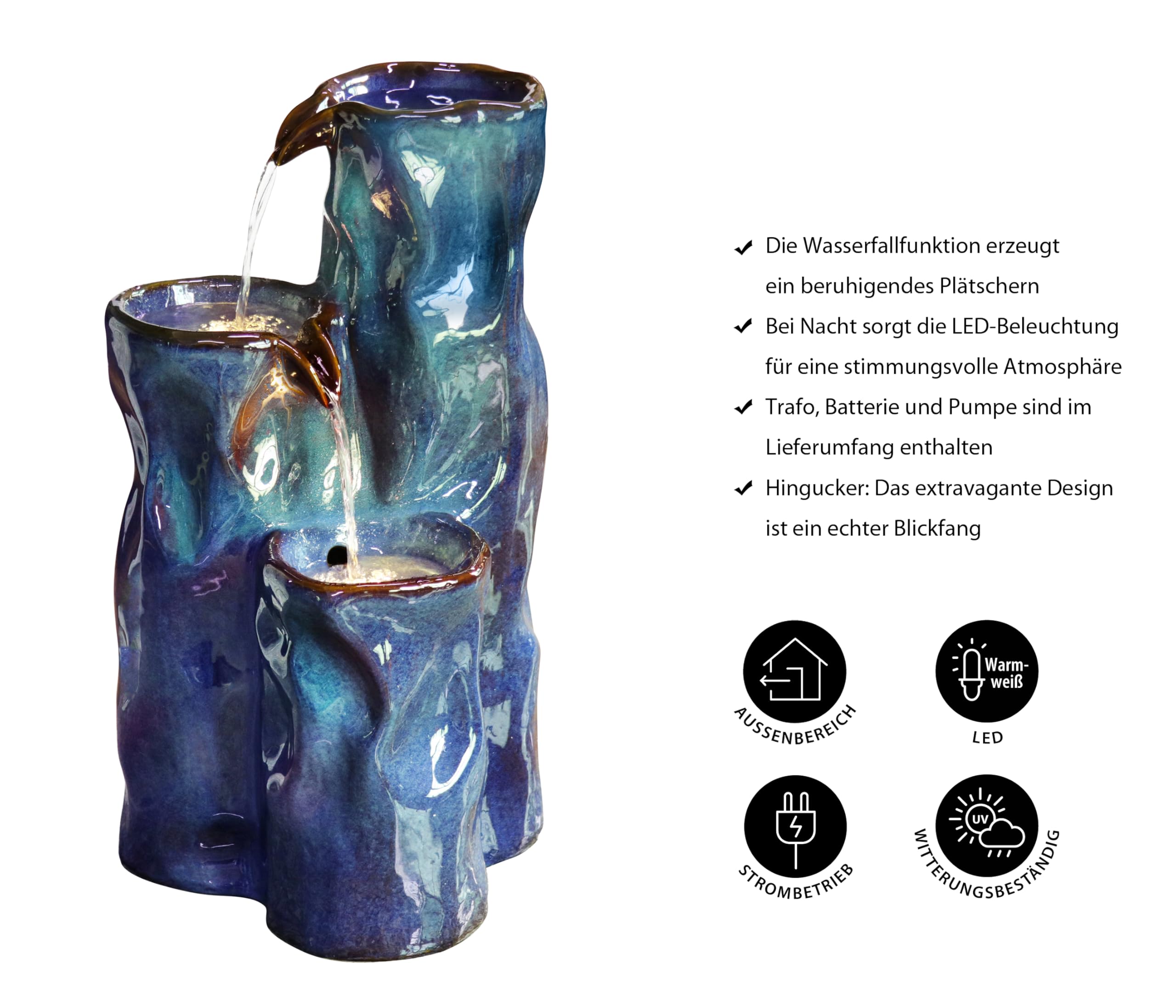 Dehner Gartenbrunnen Corso, mit LED Beleuchtung, frostbeständig, solarfähiger Brunnen für Außen, 38 x 34 x 64.5 cm, Keramik, blau