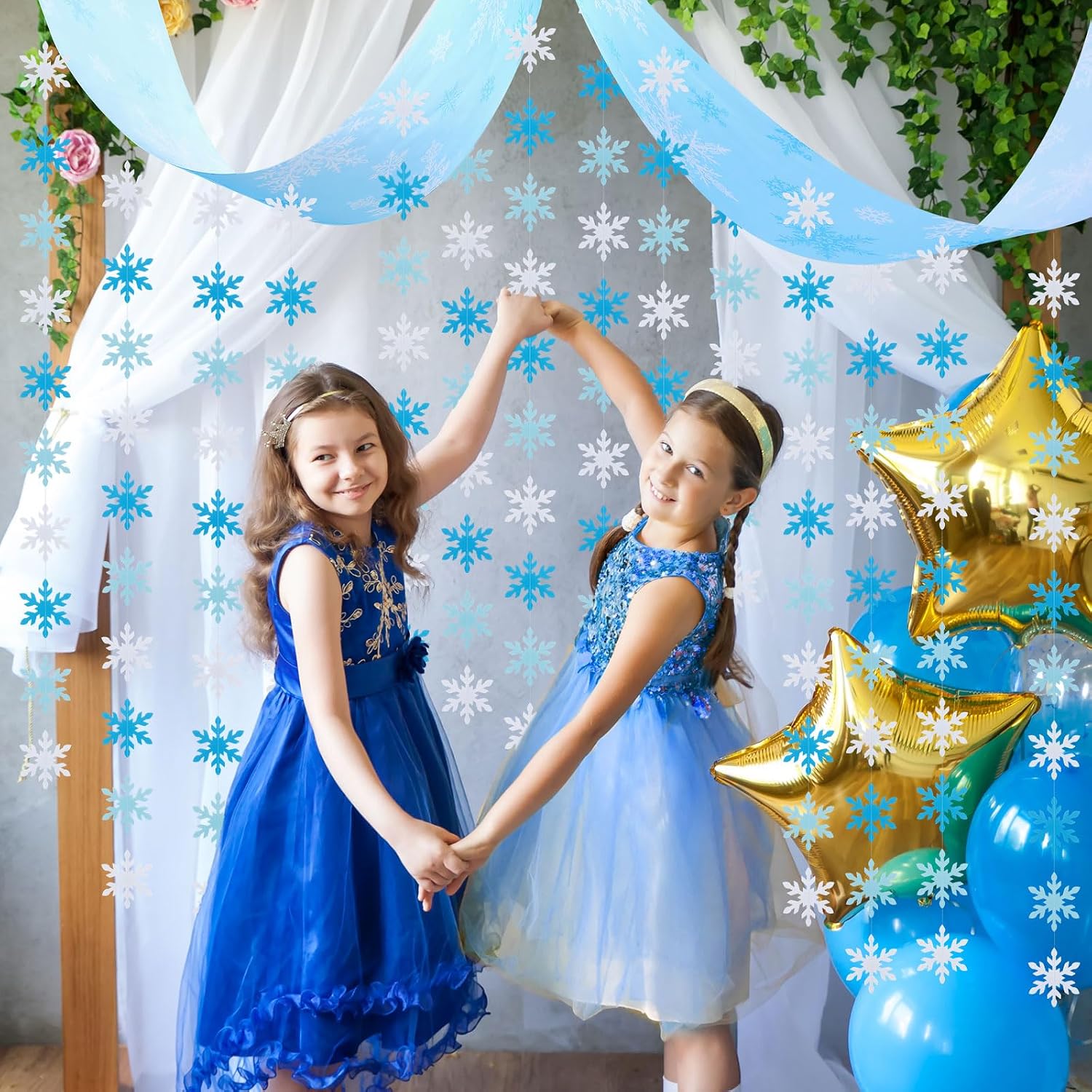 Cholemy 101 Pcs Winter Snowflake Banner Ceiling Hanging Decor - Winter Snow Birthday Party Bunting Decorations with Pins and Ropes