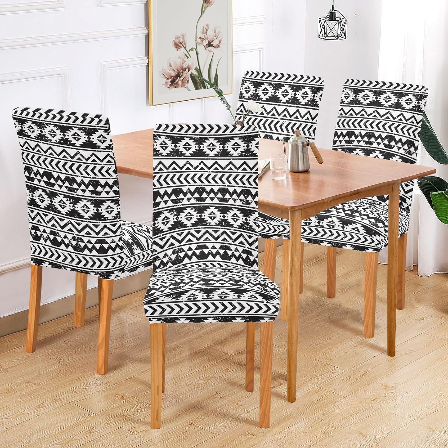 Aztec Tribe Pattern Black Stripe Dining Chair Covers Set of 4, Stretch Kitchen Chair Slipcover Washable Removable Chair Covers Protector for Dining Room, Hotel and Ceremony