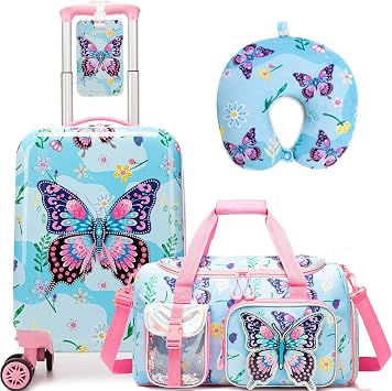 Kids Luggage Set 3 Pcs Carry on Suitcase 16" Hardside Luggage with Spinner Wheels for Girls Toddler Travel Rolling Suitcase with Duffle Bag and Neck Pillow Airline Approved