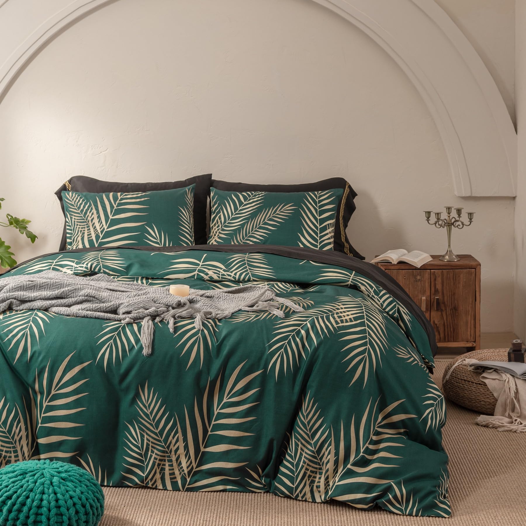 Copripiumino 240 x 260 foglie di palma tropicali, motivo oro verde, set di morbido microfibra, letto matrimoniale e biancheria da letto matrimoniale, con cerniera con federe, 65 x 65 cm