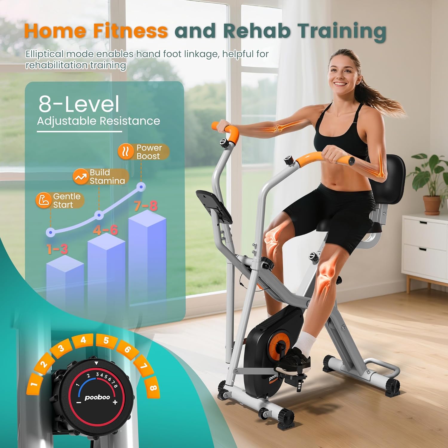 pooboo Foldable Exercise Bike, Stationary Bike with Elliptical Mode, 8 Level Magnetic Resistance, Silent Bike for Home Indoor, Fitness and Rehab Training, Adjustable Seat&Handrail, LCD monitor, 300LBS