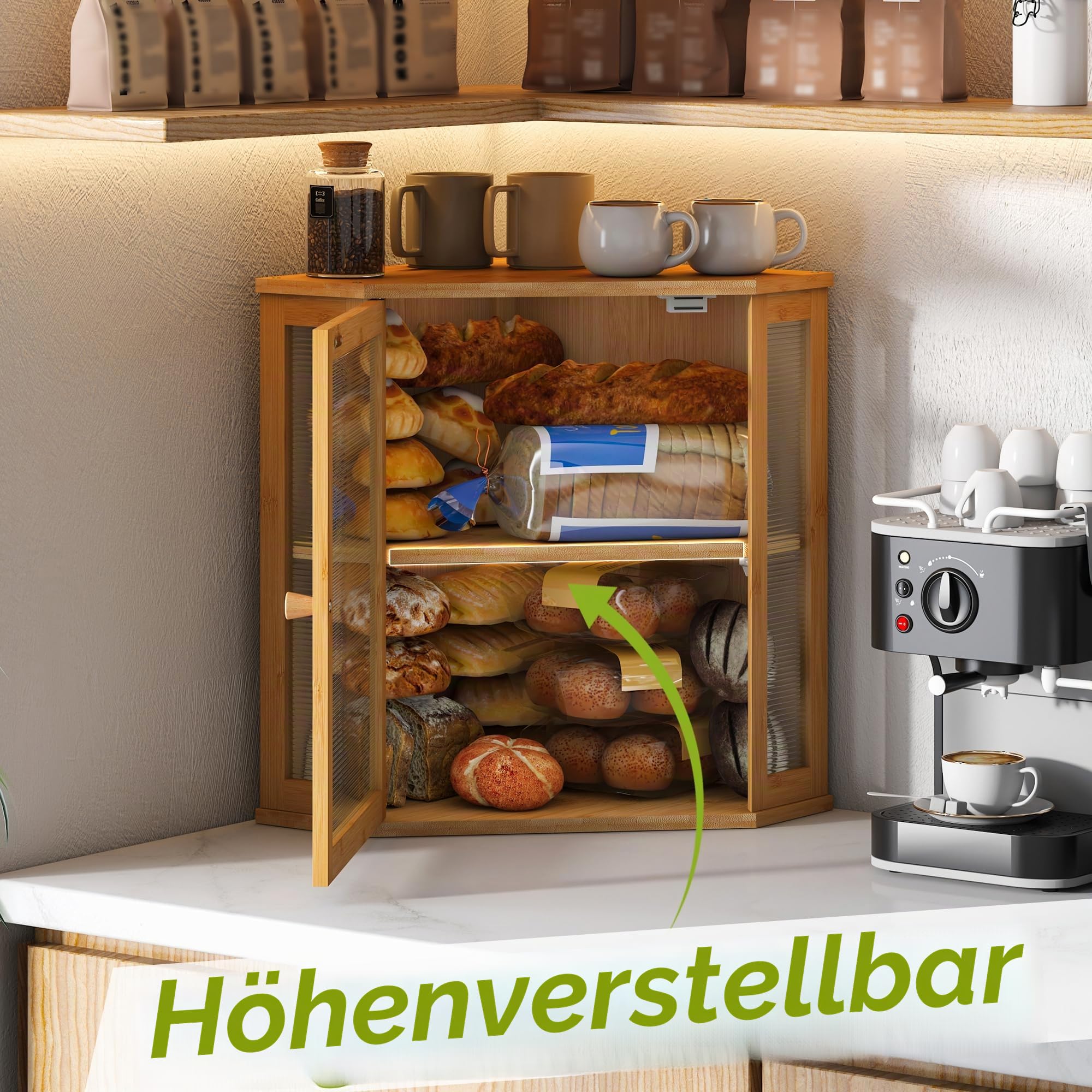 BMOSU Eck-Brotkasten für Küche, Arbeitsplatte, doppellagig, Bambus-Holz-Brotbox, großes Fassungsvermögen, Brotaufbewahrungsbehälter (natürlich, extra groß)