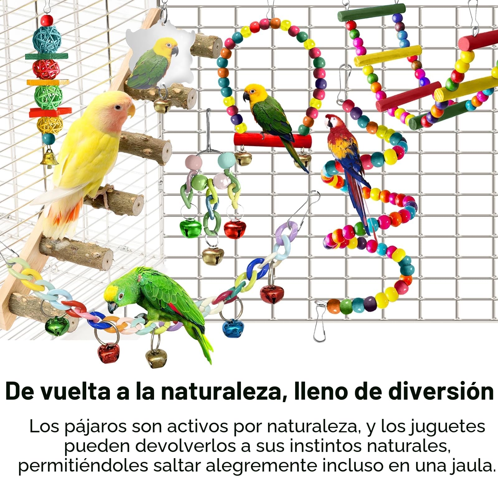 Juguetes para Pájaros, Juguetes de Loro Pájaro, Juguetes Agapornis, Accesorios para Jaula de Pájaros, con Campanas, Columpios, Juguete de Masticación, para Pequeños y Medianos Loros de Aves
