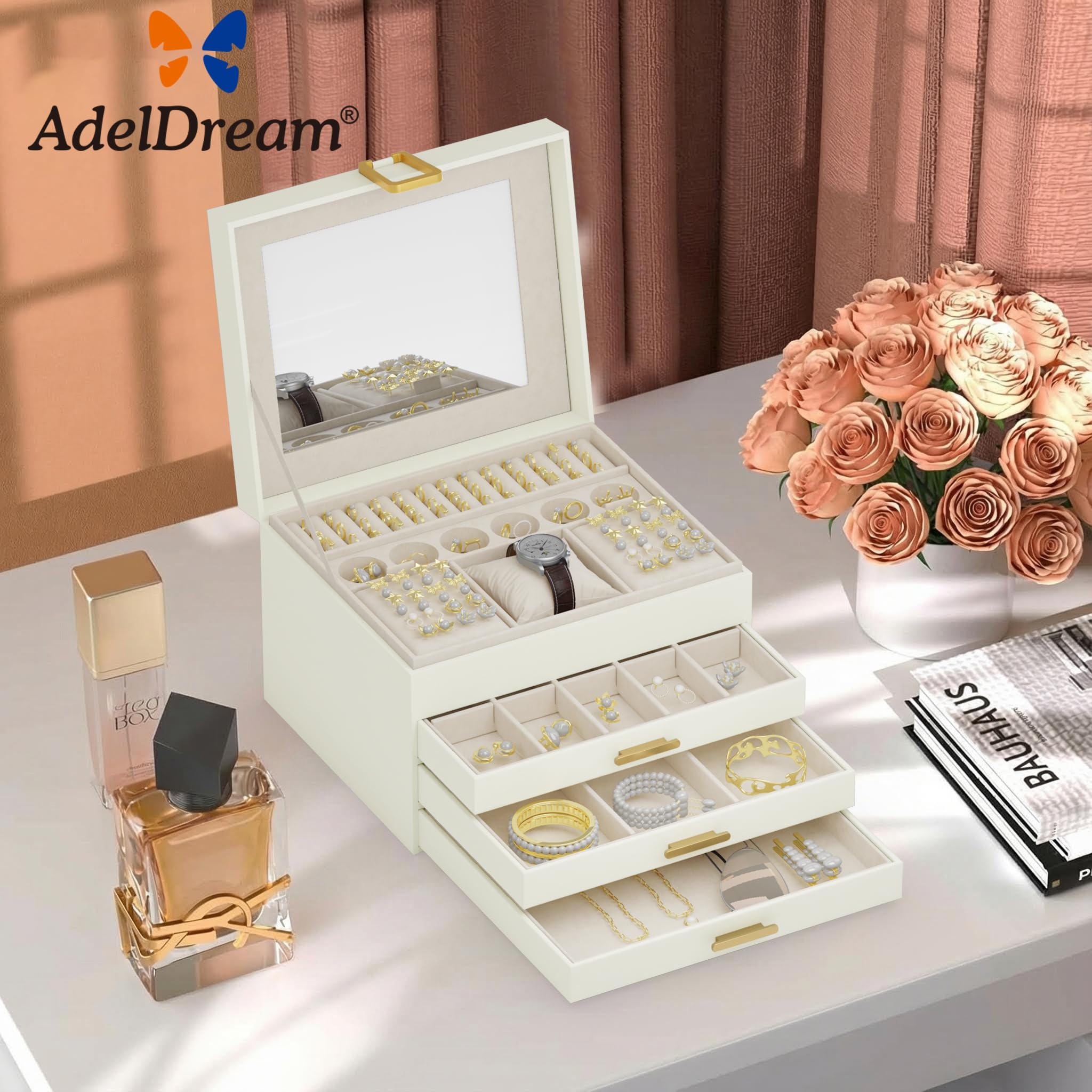 ADEL DREAM Joyero con 4 niveles caja de joyas con cierre joyas grandes regalo para mujeres hijas y amigos en cumpleaños color crema