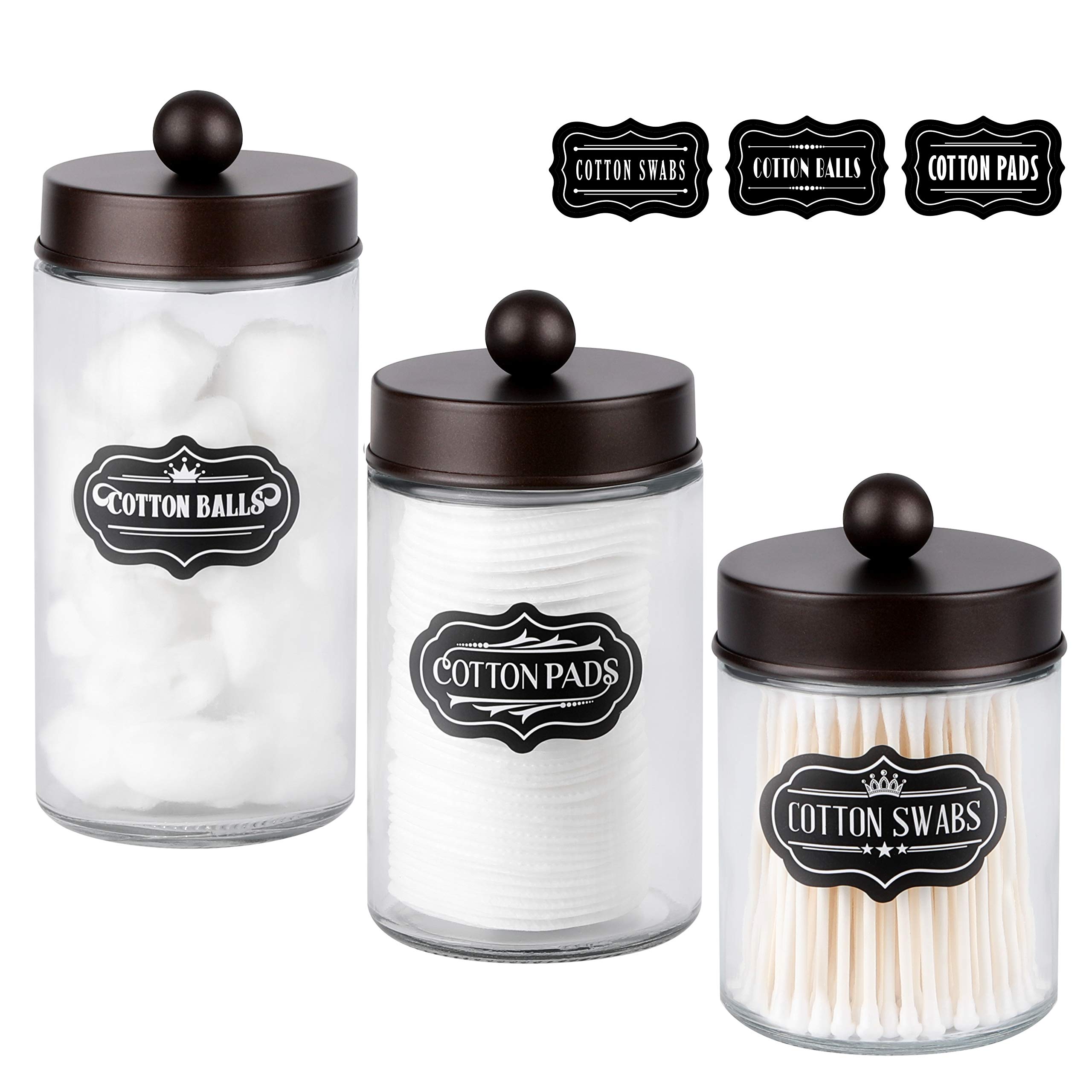 Apothecary Jars 3 Pack - Glass Bathroom Containers with Stainless Steel Lids - Rustic Farmhouse Decor Bathroom Accessories