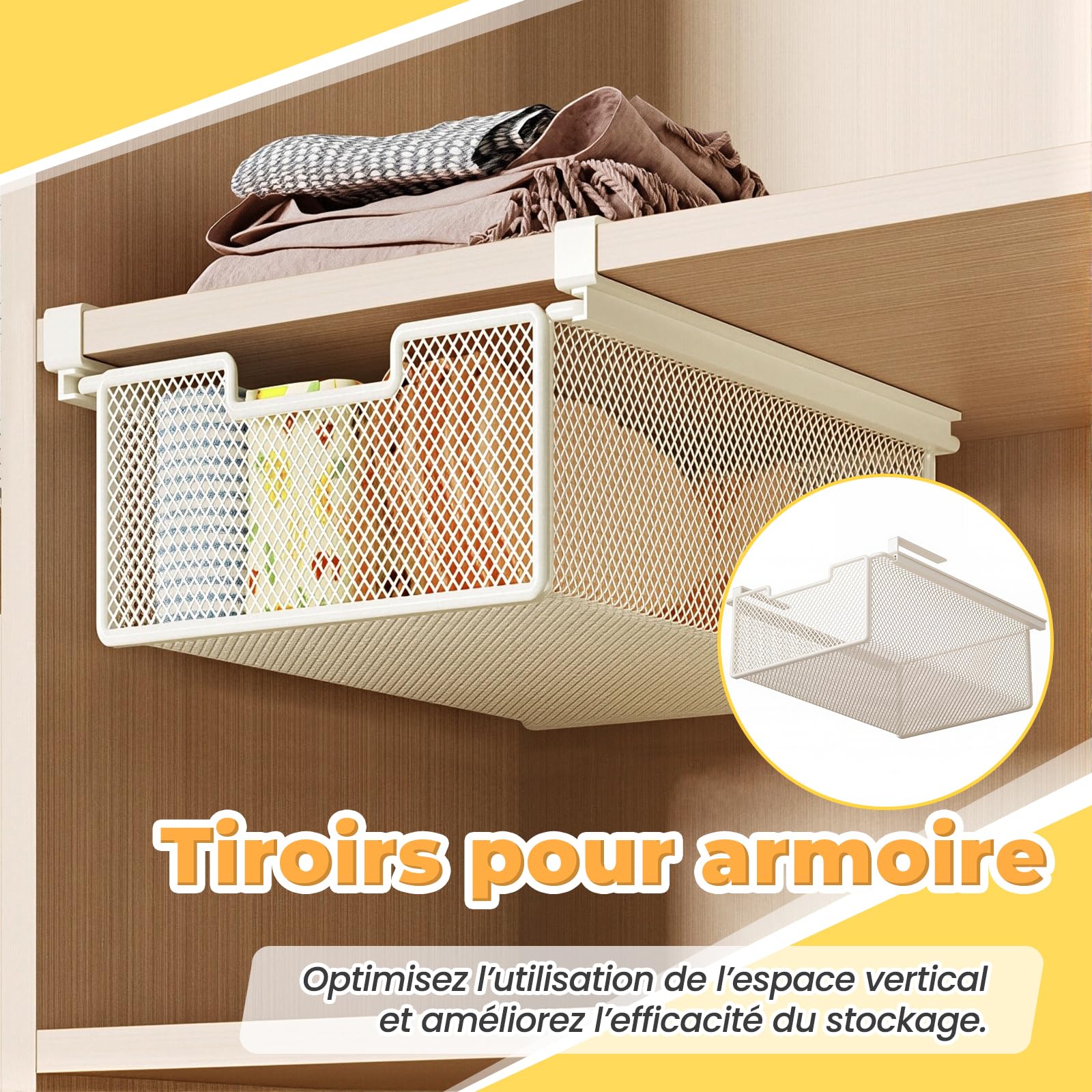 F Fityle Organisateur de Sous-Vêtements en Métal, Armoire de Rangement Suspendu, Boîte de Rangement sous Étagère, Panier à Tiroir Coulissant Gain de Place pour Chaussettes, Slips, Soutiens-Gorge,Blanc