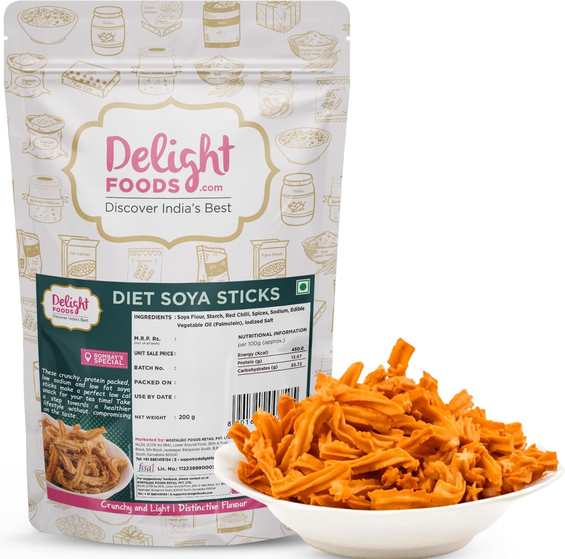 Delight Foods Maharashtrian Snacks - Soya Stick (Diet- low Oil) | Namkeen, Savory, Chips, Healthy Snacks (Diet Soya Sticks 200g)