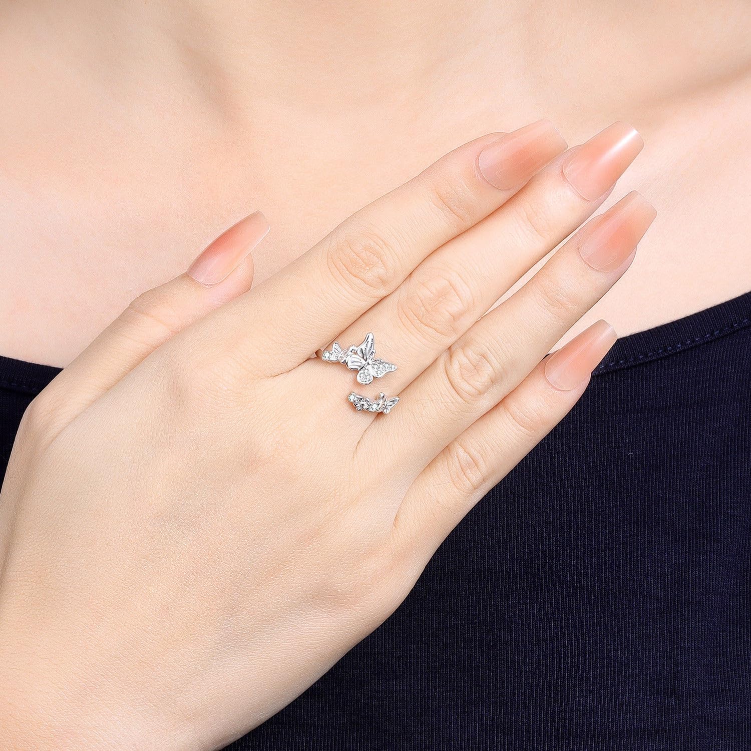 925 Sterling Silver Ring for Women Open Adjustable Ring Personality Stacking Ring Gift Simple Butterfly Flower Ring S925 Sterling Silver Heart Rings Love Birthday Jewelry Gift - Image 4