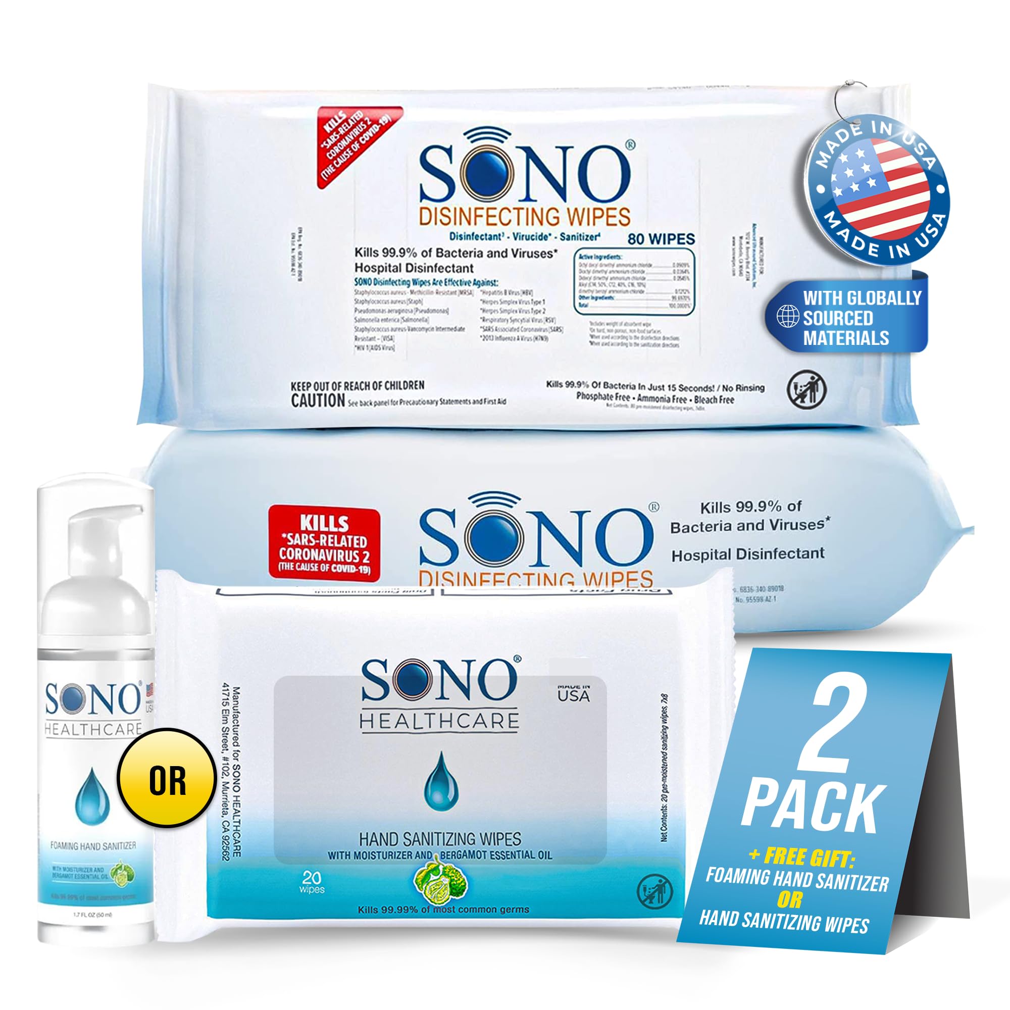 SONO Disinfecting Wipes - 160 Count Pack of 2 Sanitizer Medical-Grade Alcohol-Free No Bleach Gentle Effective Multi-Surface Cleaning