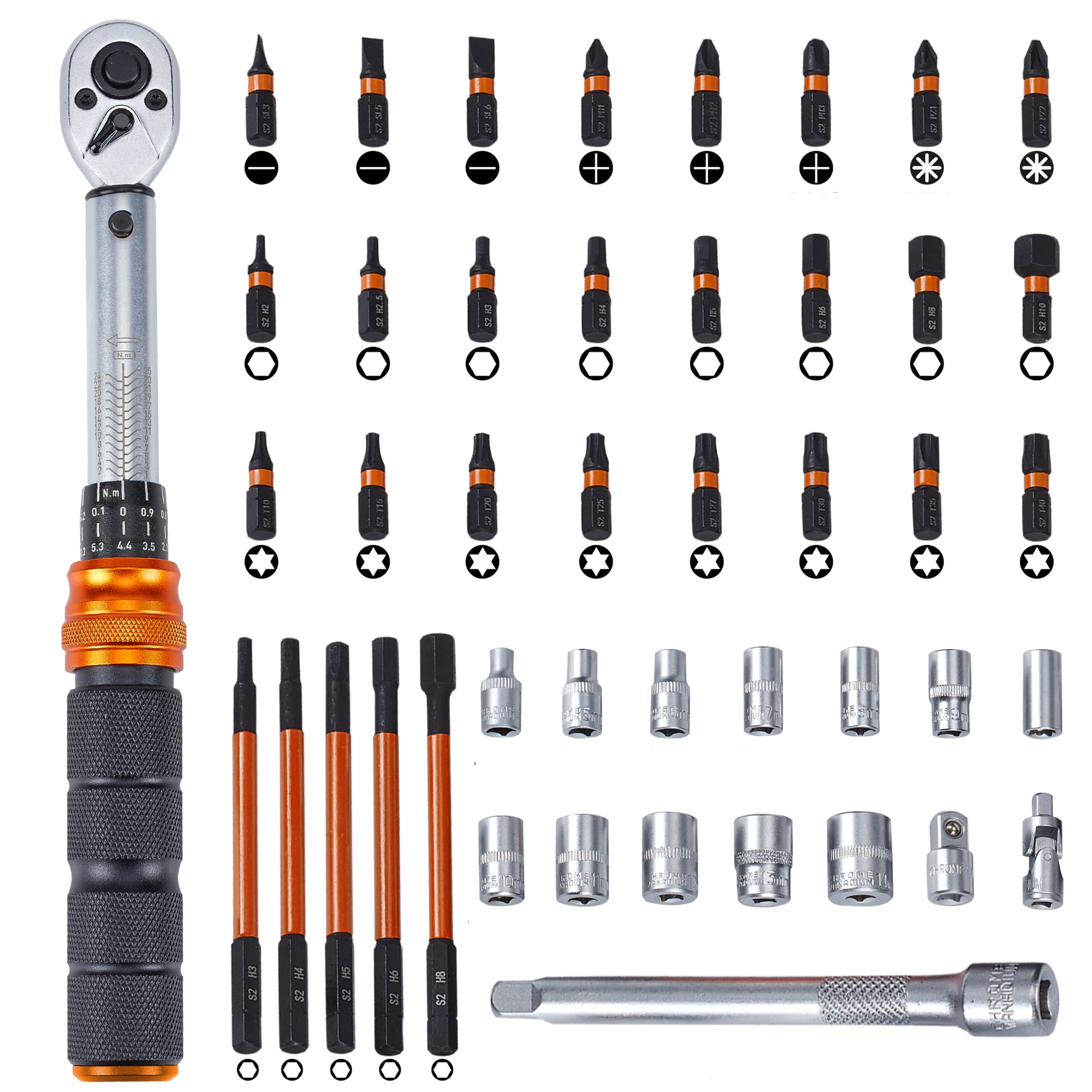 Bike Torque Wrench Set with Bits & Sockets, 1/4-Inch Drive, 1-25 Nm, 45-Piece
