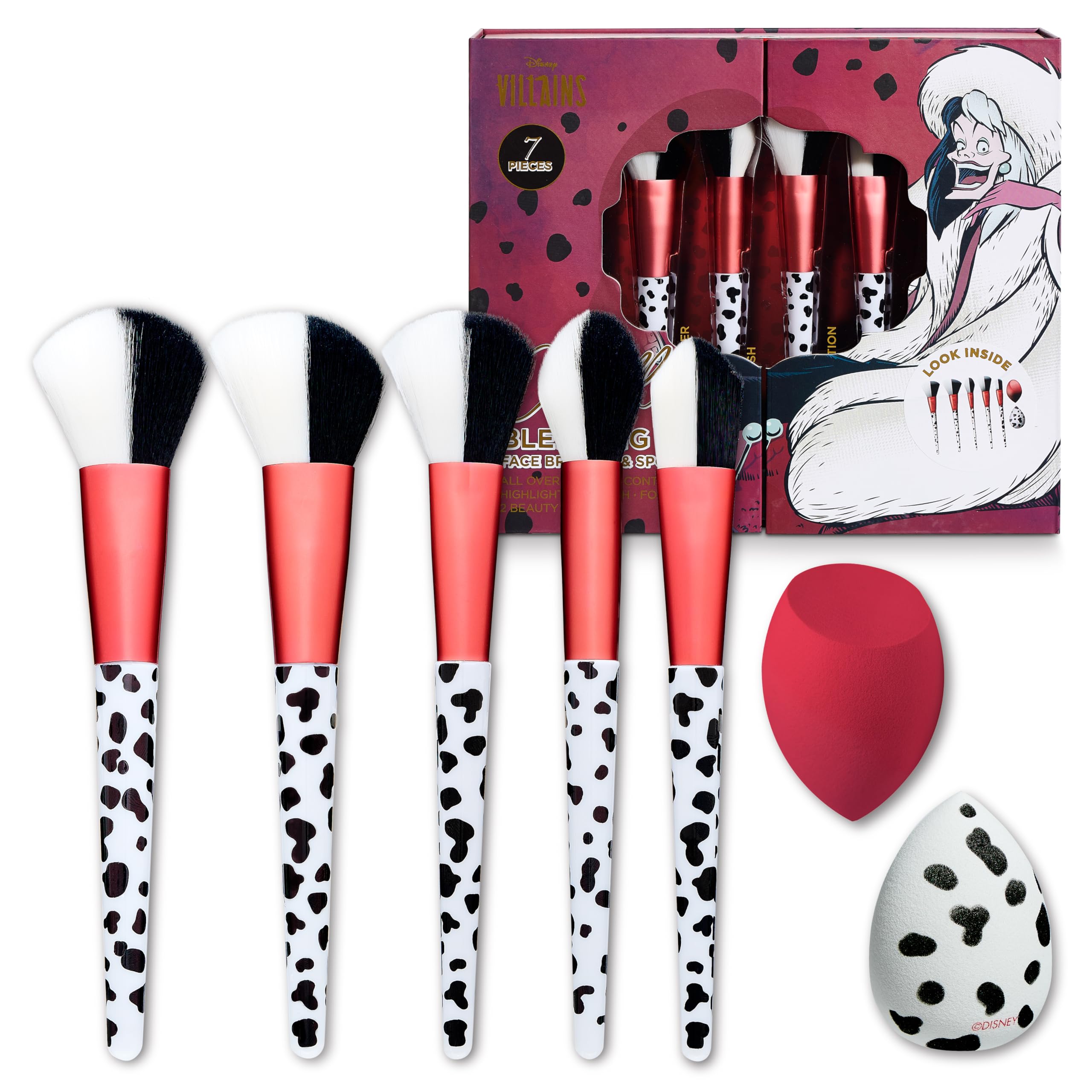 Disney Cruella 7PC Premium Makeup Brush & Blender Set, All-over, Highlighter, Concealer, and Eyeshadow Brush, 2 Beauty Blender Sponges for women and girls by Belle Maison