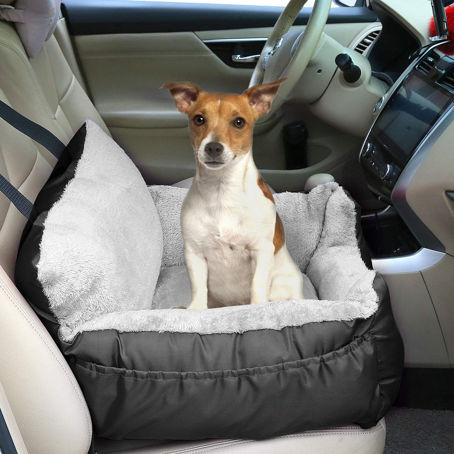 FRISTONE Dog Car Seat, Travel Carrier with Clip-on Safety Leash and Storage Pocket - Comfortable and Anti-Slip for Puppy, Small Pet - Black — view 7