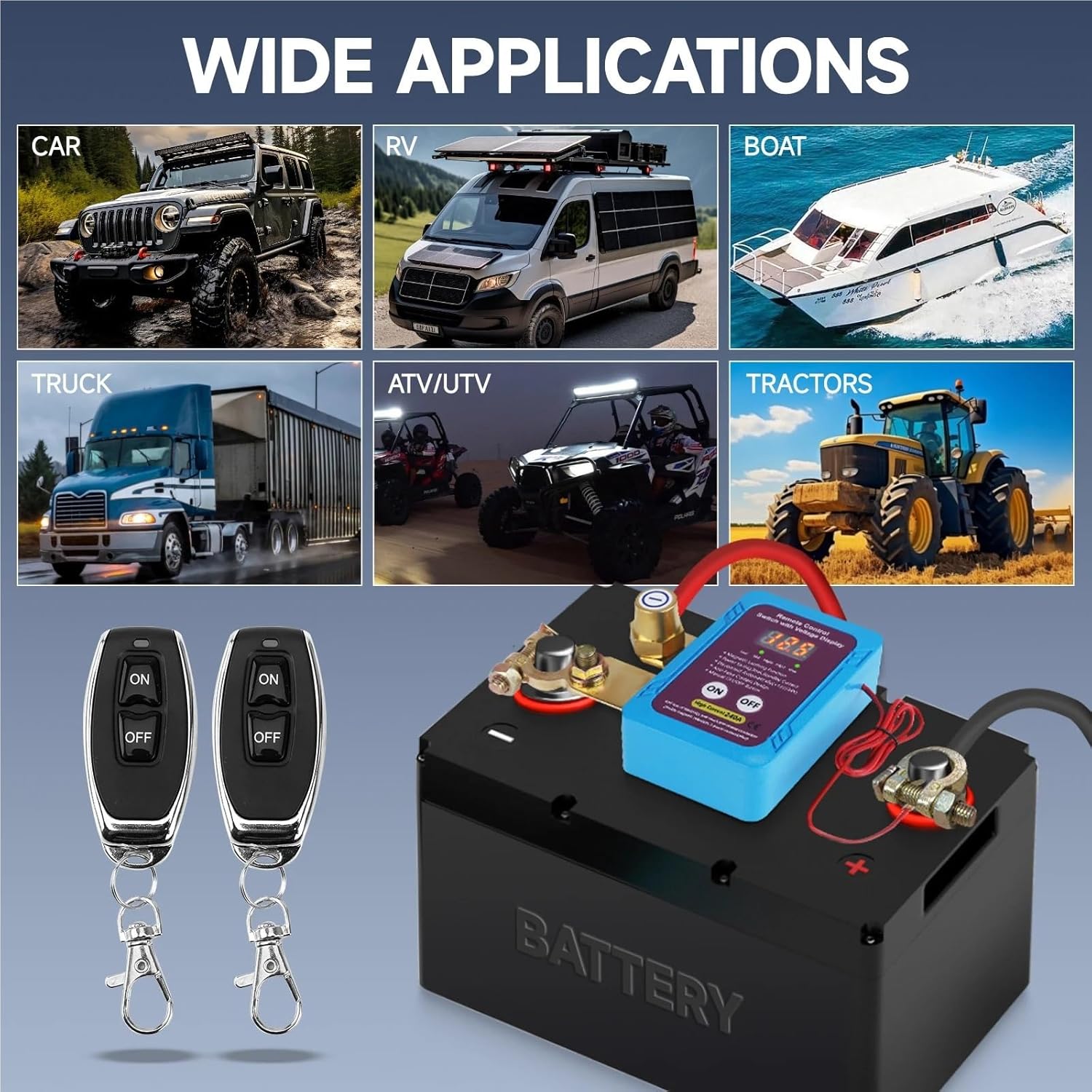 for Car Truck RV 1 Set Car Kill Switch AntiTheft Remote Battery Disconnect Switch 12v 240A with Smart Voltage for Car Truck RV