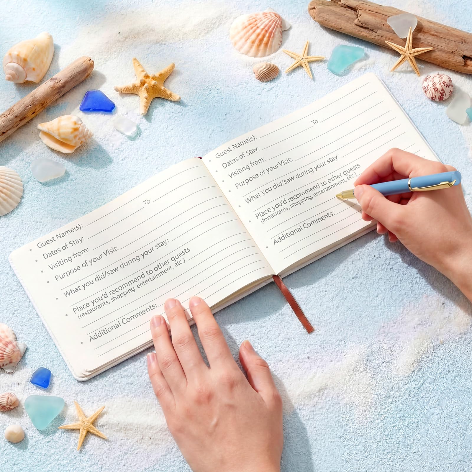 Affrolling Gästebuch mit Stift für Ferienhaus und kurzfristige Vermietungen, rustikaler Ledereinband, A5-Größe, 144 Seiten, Willkommensbuch für Gastgeberbesucher, Schild im Tagebuch, Gästehaus (Strand
