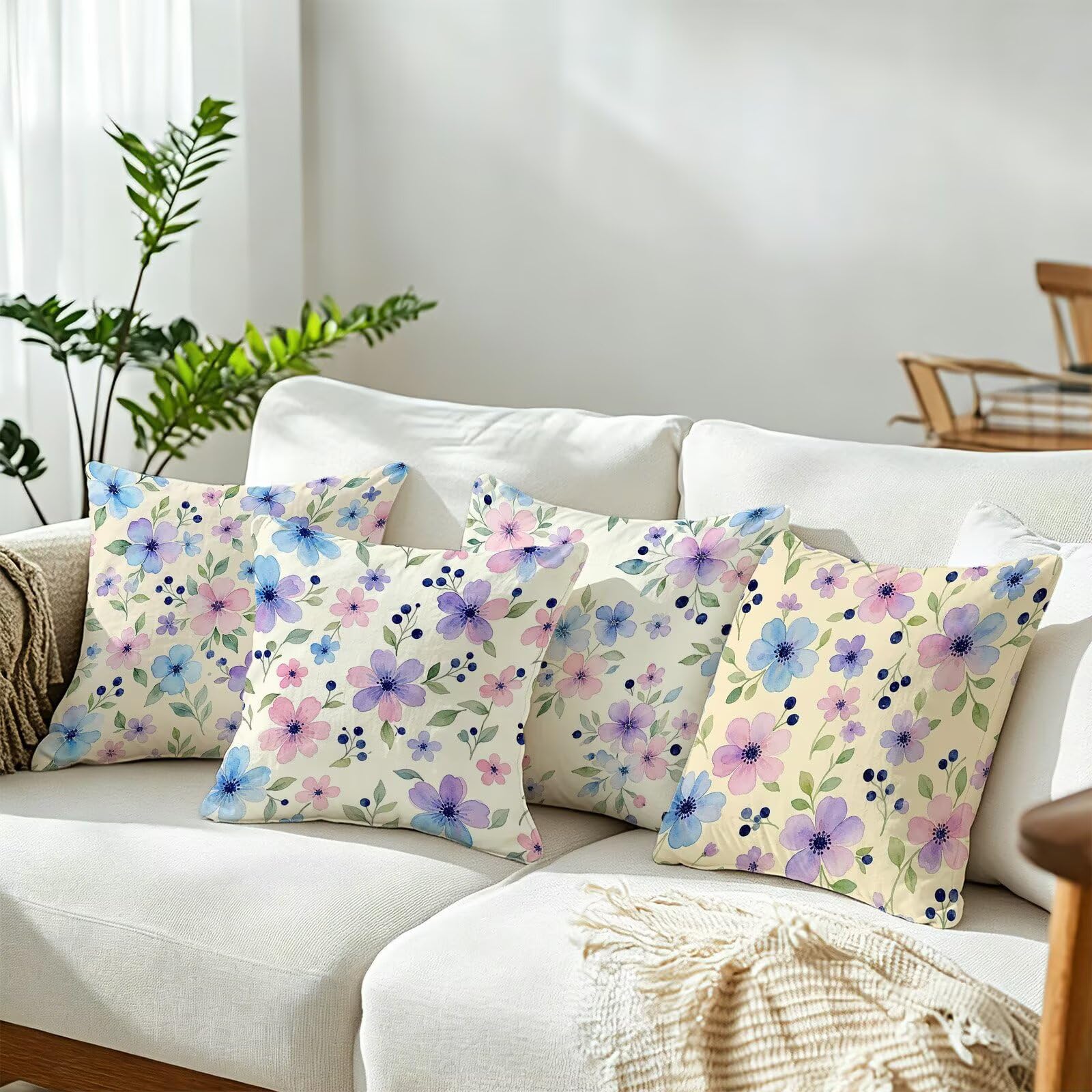 Viola Federe Cuscini Divano 60x60cm, Cuscini da Esterno Set de 4, Cod-104 | Lin Copricuscini Decorativi Letto Arredo, per Letto, Soggiorno, Giardino, Esterno, Casa Decorazione Set di 4 Piccolo Fiore
