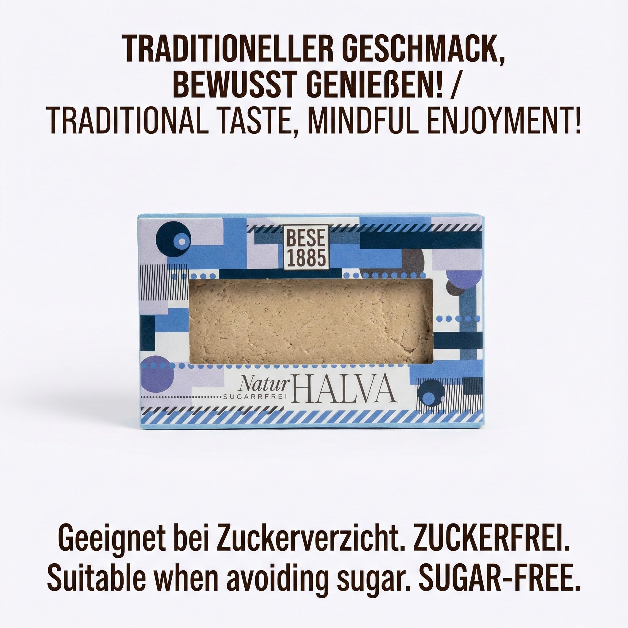 Halva de Sésamo Sin Azúcar con Extracto de Dátil 227g – Dulce Turco Natural con 60% Tahini – Sin Gluten, Sin Glucosa y Sin Aceite de Palma – [Sabor: Natural/Cacao/Pistacho] (Natural (Sin Azúcar))