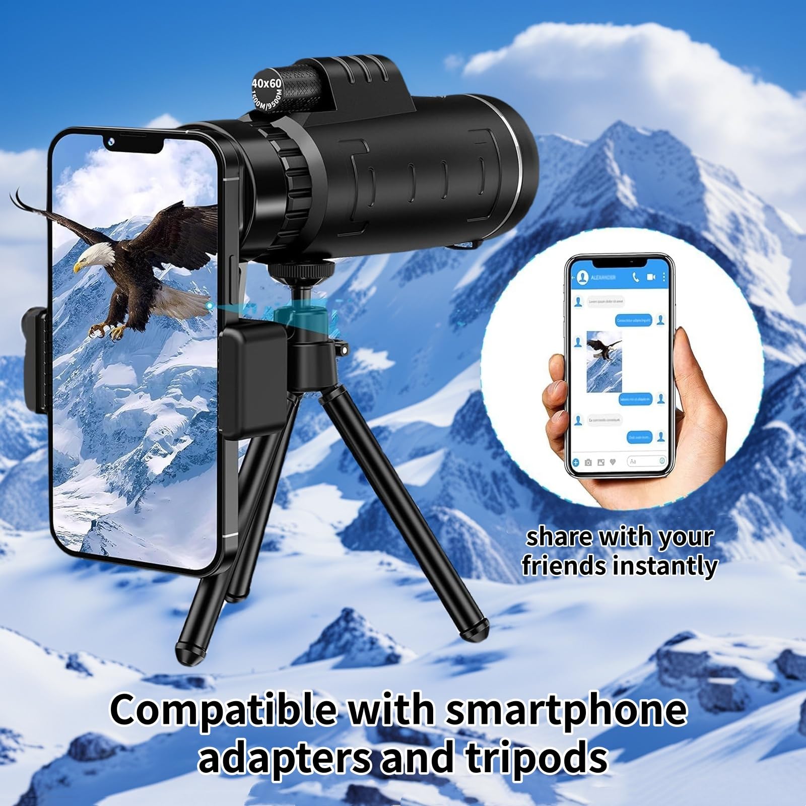 Mengshen 10x42 Monoculare Set con Adattatore Telefono Treppiede in Alluminio Pellicola Verde BAK4 Prisma Impermeabile Visione Bassa Luce per Smartphone Fotografia Osservazione all'aperto