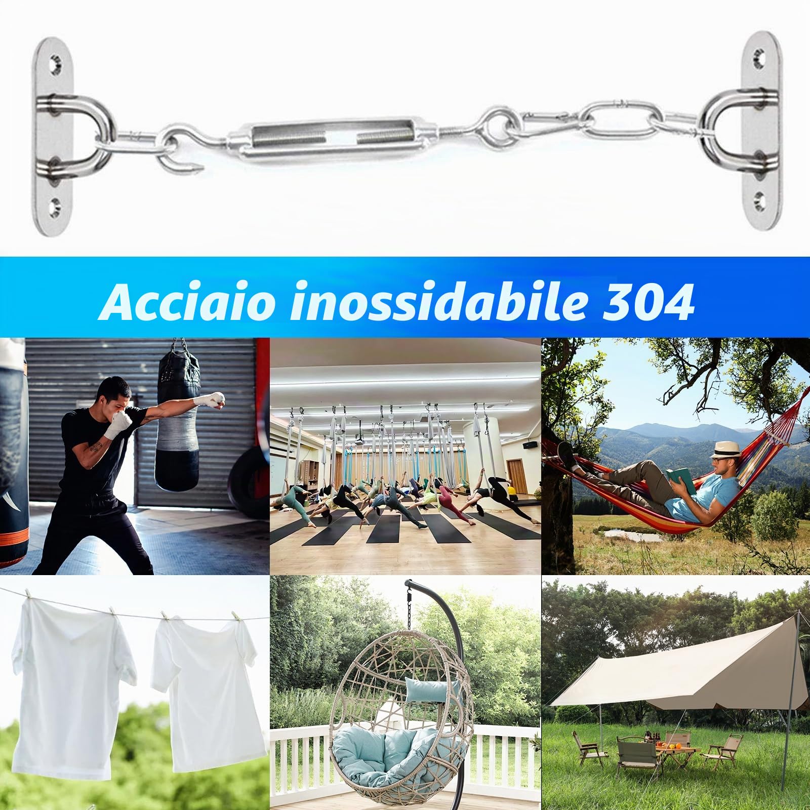 Gancio per Soffitto, Placca Occhiello in 304 Acciaio Inossidabile, Ganci da Parete Per Fissaggio a Parete, Kit di Ancoraggio per Corda, Appendini da Parete per Swing, Amaca, Aerial Yoga e Parasole