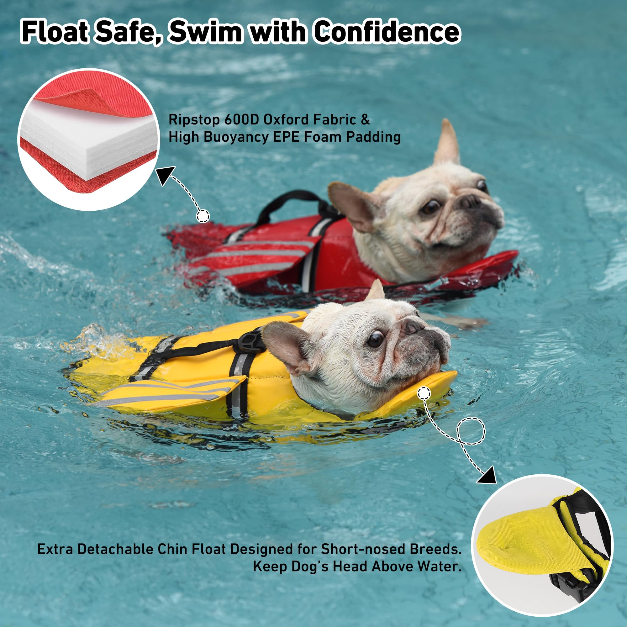 Petglad Hundeschwimmweste, Flügel Hundeschwimmweste mit Kinn-Schwimmer-Rettungsgriff für kleine, mittelgroße und große Hunde, verstellbare hohe Sichtbarkeit, Bootfahren (Rot, XS)