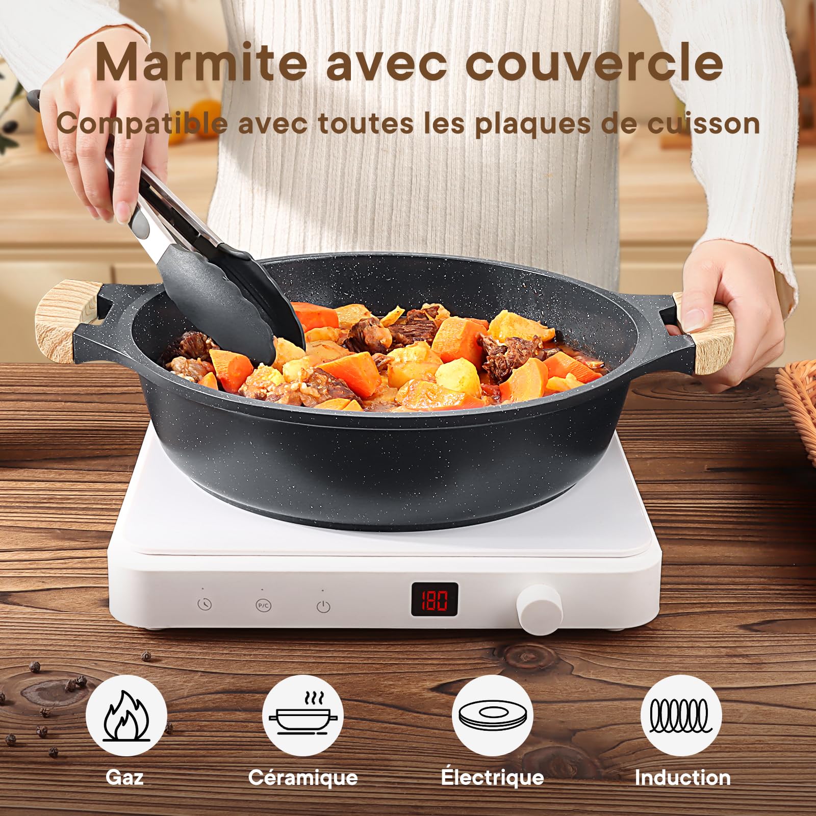 GiPP Faitout 28 cm, Casserole Tout Feux avec Couvercle Verre, Marmite Induction Antiadhésive, 3,8L Cocotte en Fonte D'aluminium, Hauteur 7,5 cm