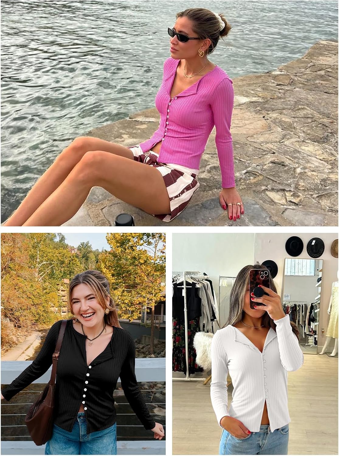 Womens Cardigans Button Down Long Sleeve Ribbed Shirts Cute Lighweight Fitted Y2K Fall Tops - Image 2