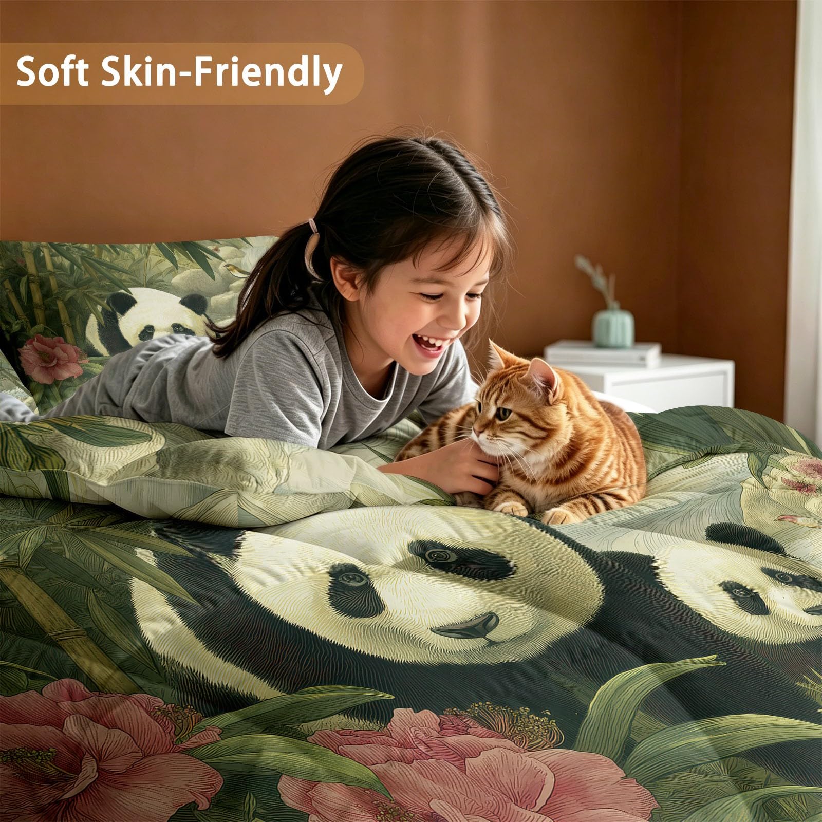 Edredón sin funda de edredón de 200 x 200 cm, edredón de verano con funda de almohada de 80 x 80 cm, diseño de panda y bosque de bambú verde esmeralda, juego de cama para habitación infantil, animales