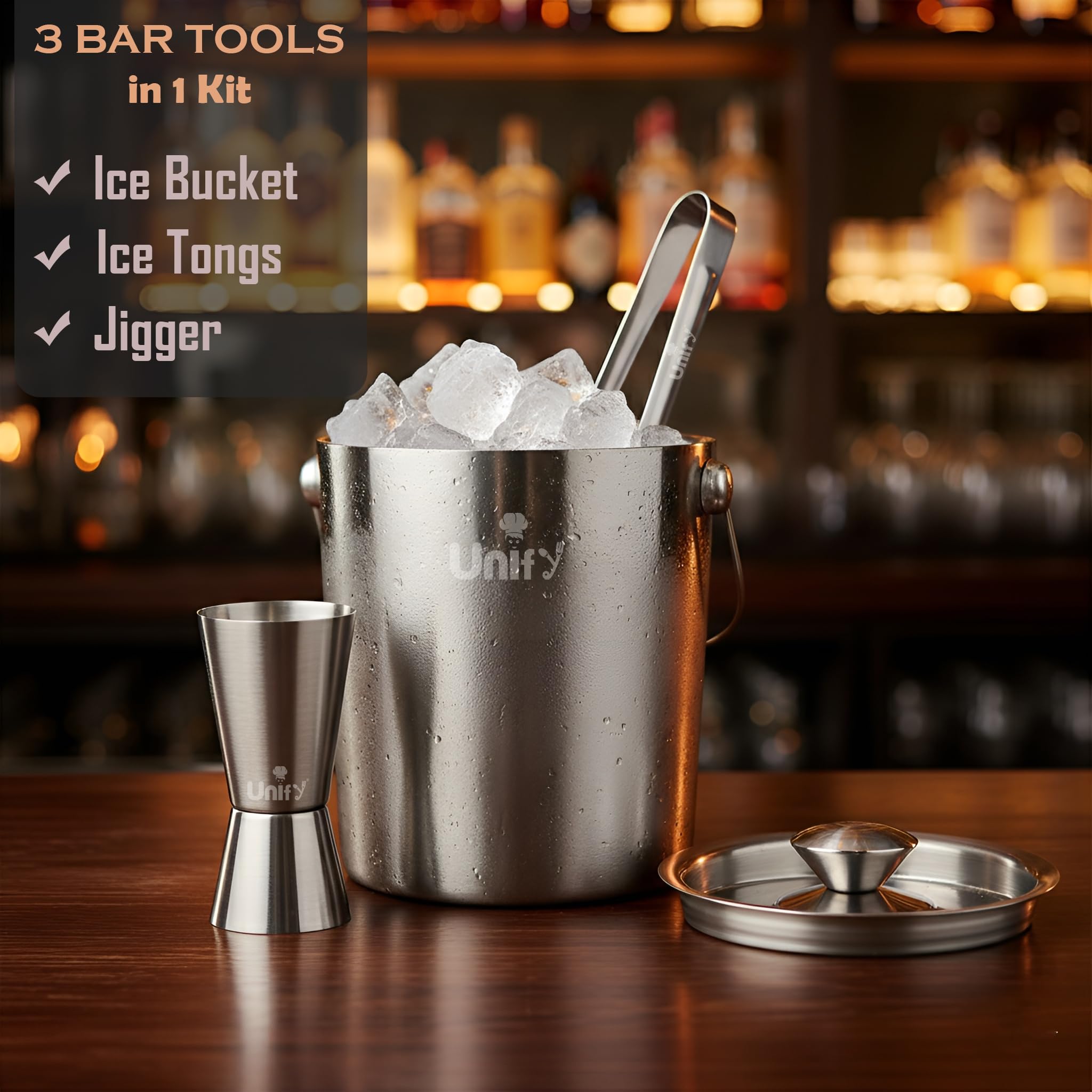 Unify 3 Pieces Stainless Steel Double Wall Ice Bucket Set (1 Litre) with Lid, Ice Tongs & 30/60 ml Peg Measurer | Insulated Ice Bucket for Home Bar, Parties & Cocktails, Bar Accessories — Amazon image 5