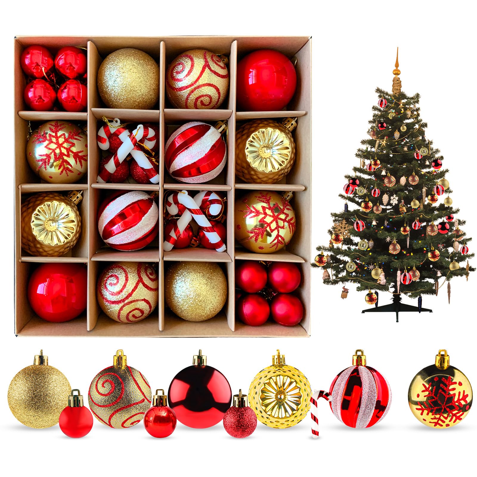Svitzoot Set de Adornos de Navidad de plástico, 40PCS árbol de Navidad Adornos 6CM 3CM decoración de Navidad con Gancho Brillante Glittering Matt Rojo Oro Tema