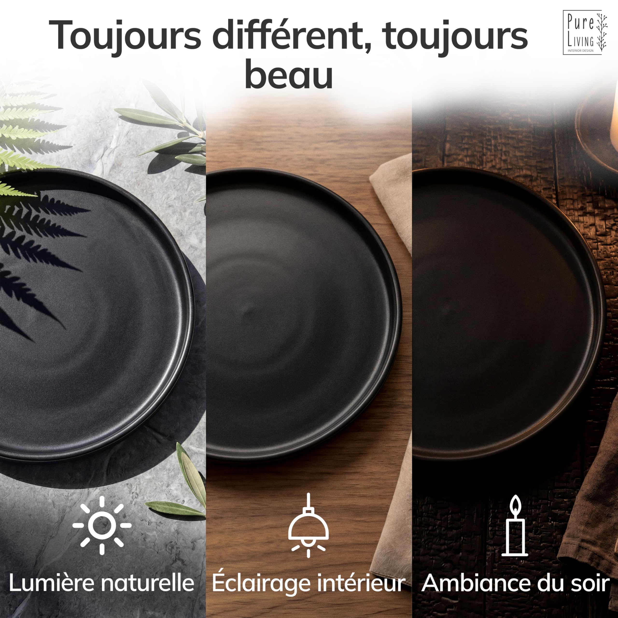 Ensemble de Assiettes Creuses 6 pièces Manhattan Noir Mat - Faïence Premium, Lave-vaisselle, Micro-ondes - Assiettes Stylishes, Service Vaisselle - Collection Pure Living Urban Black Line