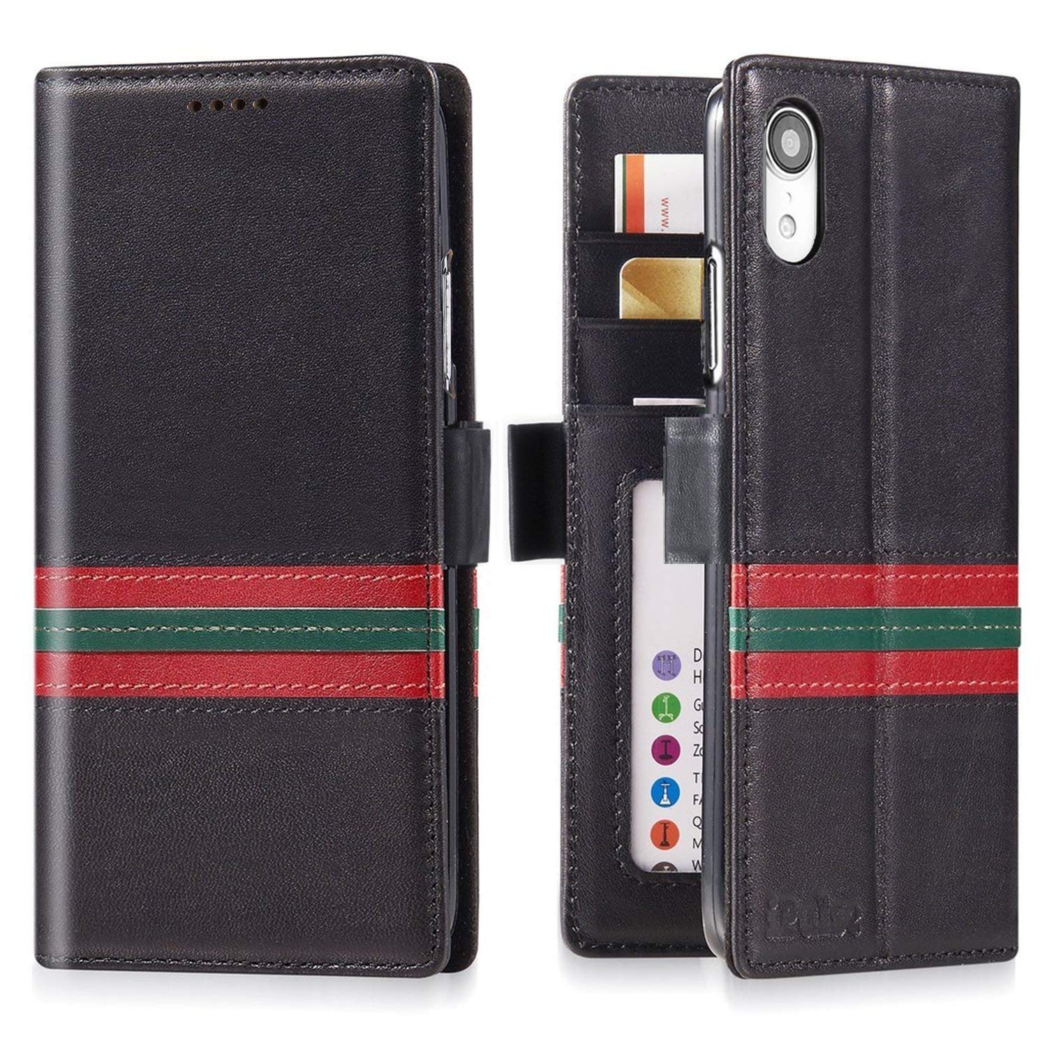 iPulse Milan for iPhone XR Designer Edition Italian Full Grain Leather Case Handmade Flip Case for Apple iPhone XR/10R (2018) with Magnetic Closure - Green/Red Strip