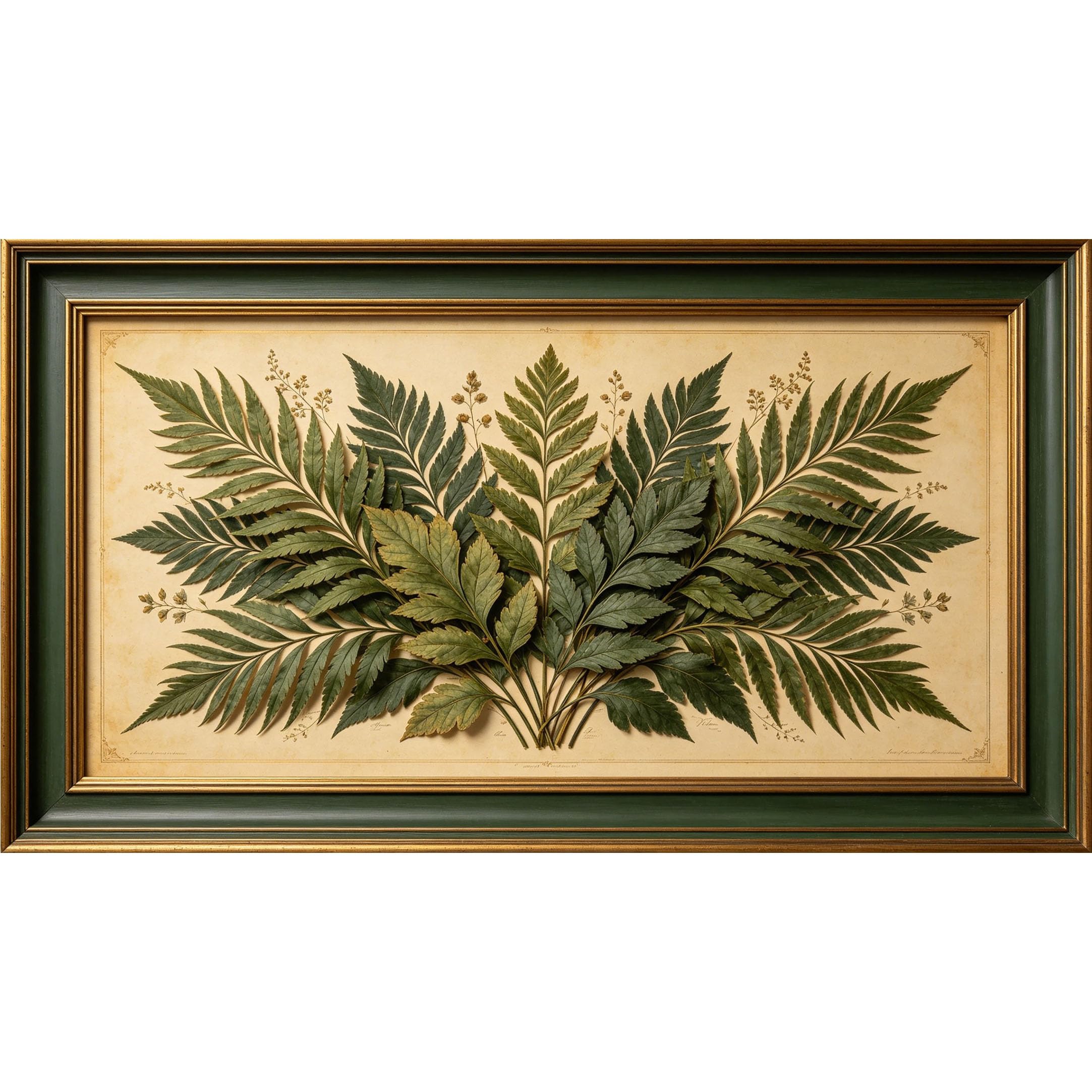 QZLITHOTIC 50x90cm3D Framed Wall Art， Botanical Fern Leaf Green Vintage Self‑Adhesive Mural， Water‑Activated Peel & Stick Fabric Decor Wall Decal for Bedroom Living Room