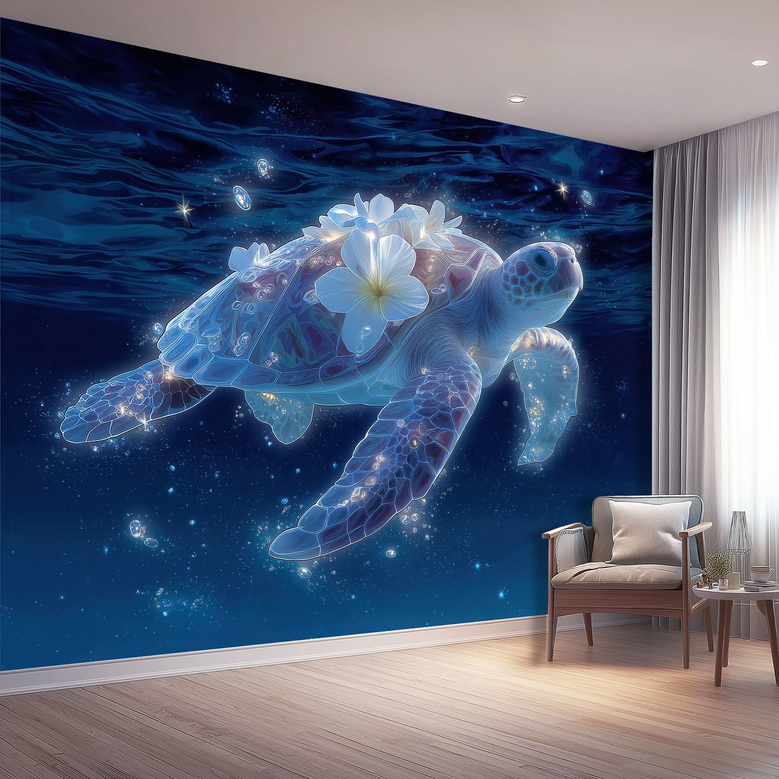 Duża fototapeta z włókniny 350 x 256 cm, marzycielski żółw ocean, nowoczesna tapeta do salonu i studia, niebieska