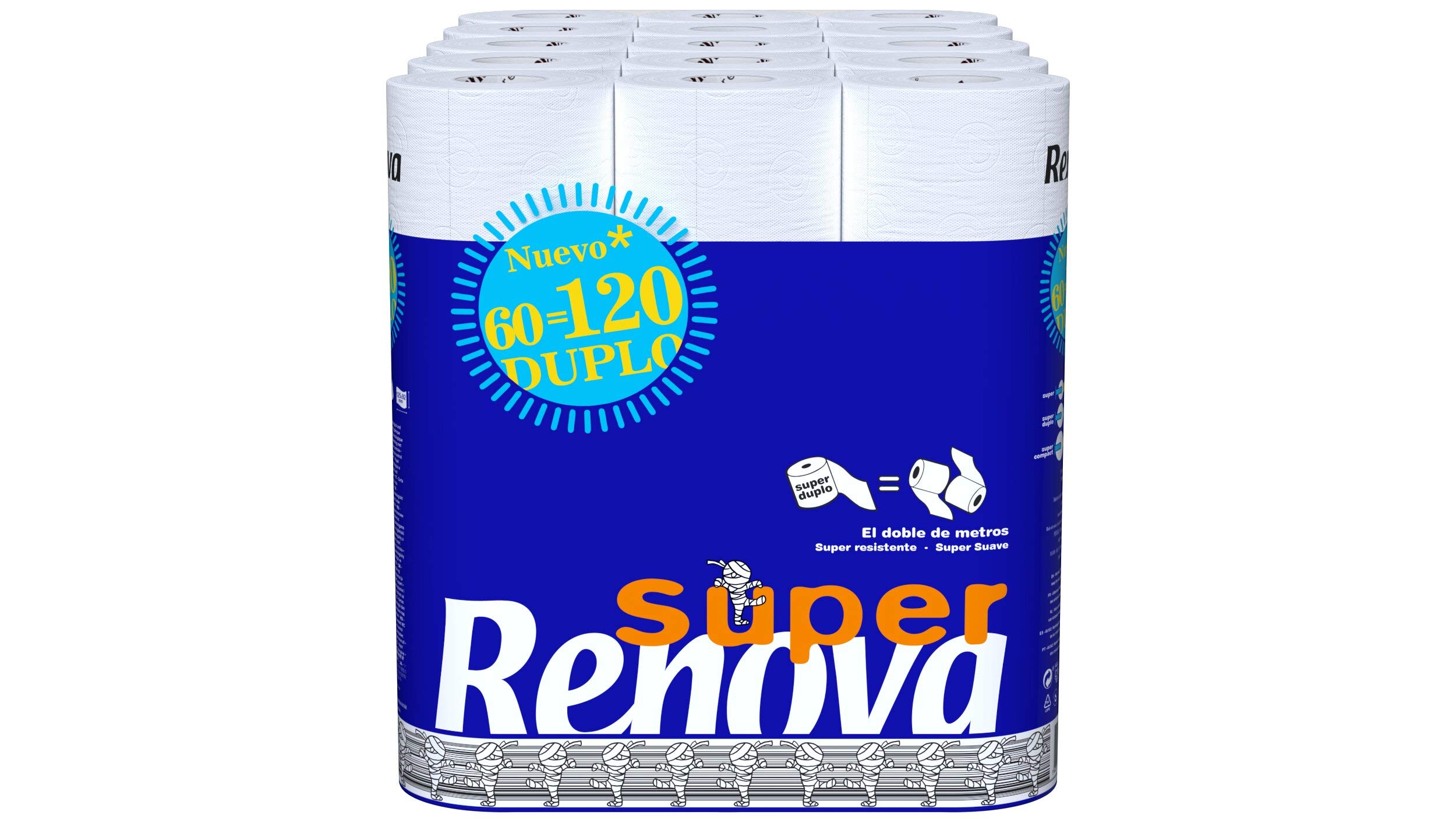 Renova Papel Higiénico Super Duplo | 60 Rollos Dobles equivalentes a 120 Rollos Estándar | Papel Blanco