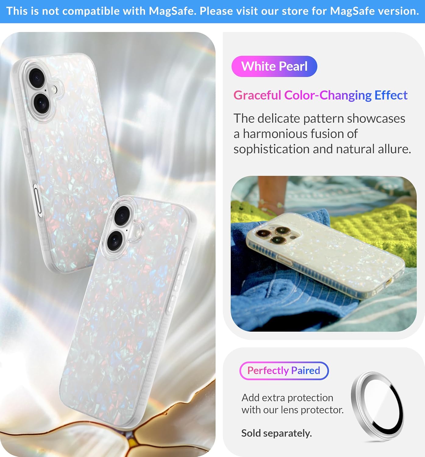 LONLI Hue Case for iPhone 16 - [360° Shock-Absorbent Bumper] - [Cute and Unique Phone Cover for Girls and Women] - White Pearl Tort - Image 3