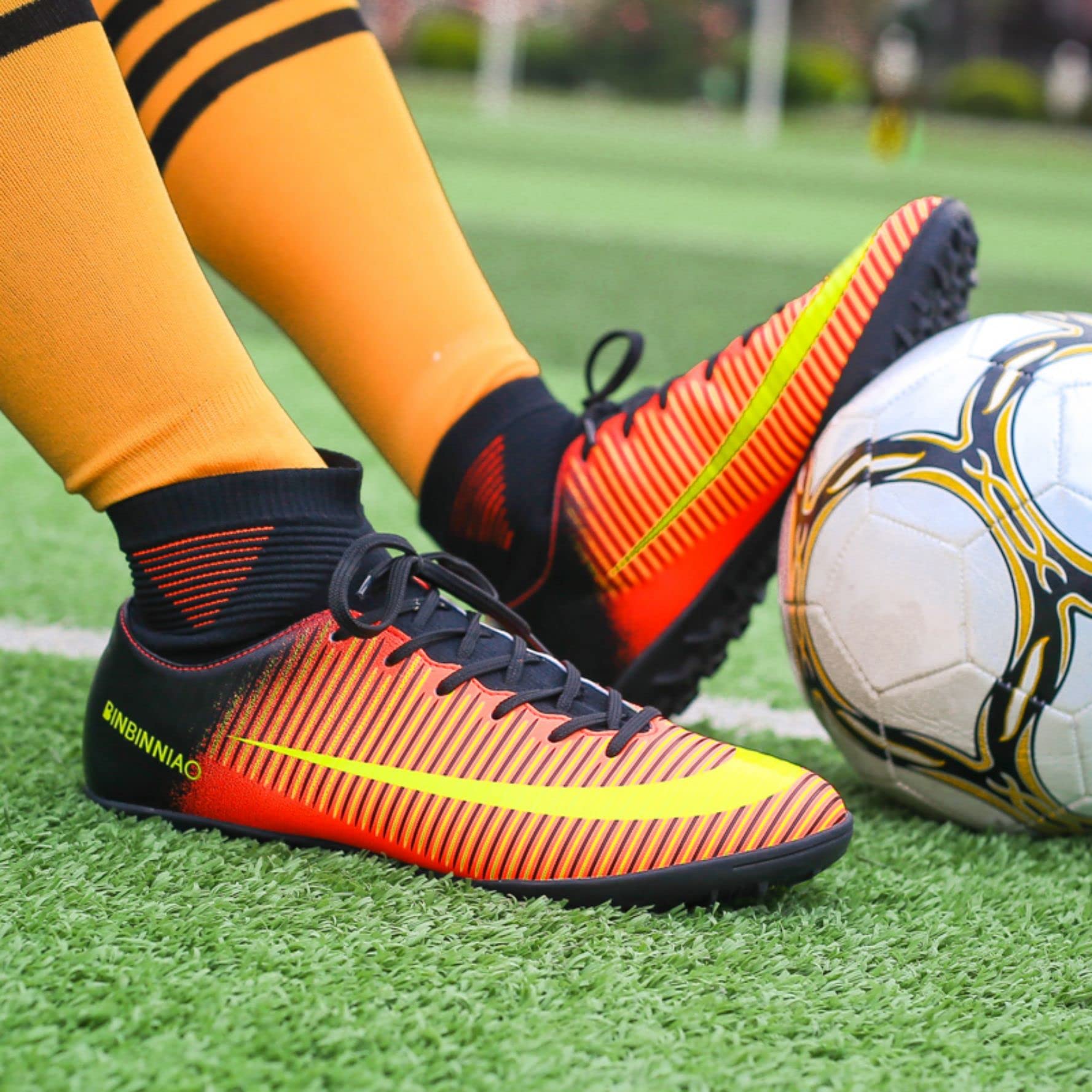 Mens Football Shoes High Top Spikes Turf Trainers (Black Orange, UK 6) - Image 4