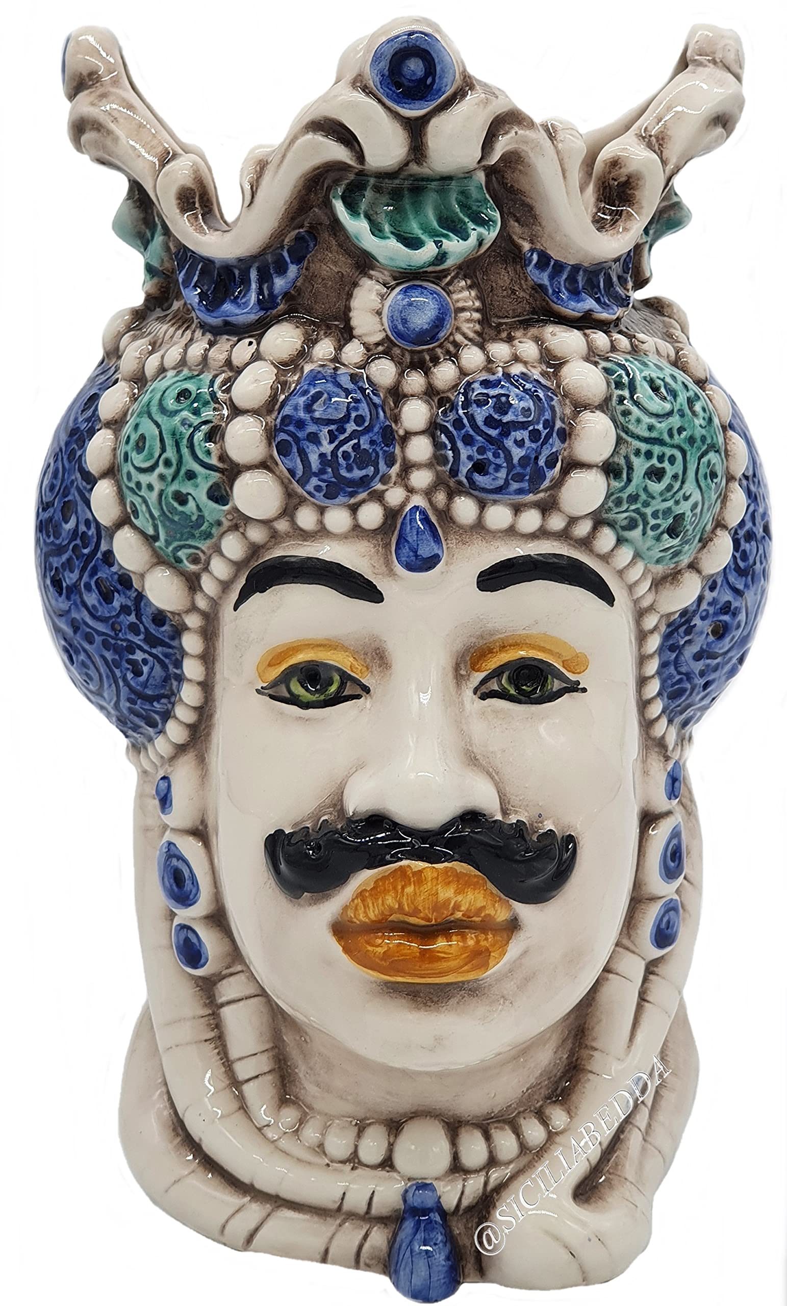 sicilia bedda - Teste di Moro Siciliane in Ceramica di Caltagirone - Realizzato Interamente a Mano - Altezza 18 Centimetri (Testa di Moro Uomo Blu)