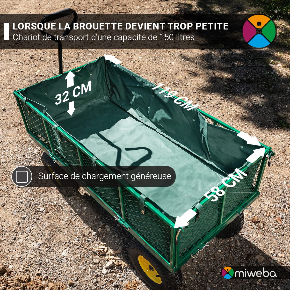 Miweba Chariot d’extérieur MB-700 - Bâche - Parois Pliables - Capacité de Charge 700 kg - Pneus pneumatiques - Chariot Pliable - Chariot de Jardin - Chariot de Transport - Brouette