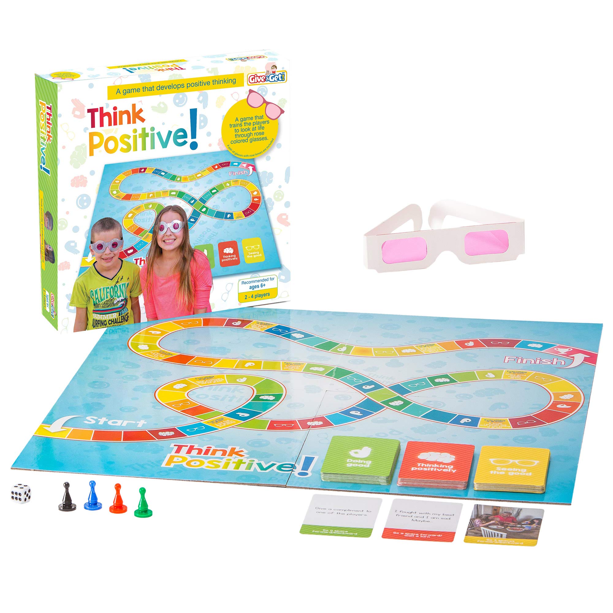 Give & Get Think Positive a fun Kids Board Game to promote thinking in life for ages 6+. Therapy and learning family with Doing Good, Positively Seeing Good cards rose tinted glasses