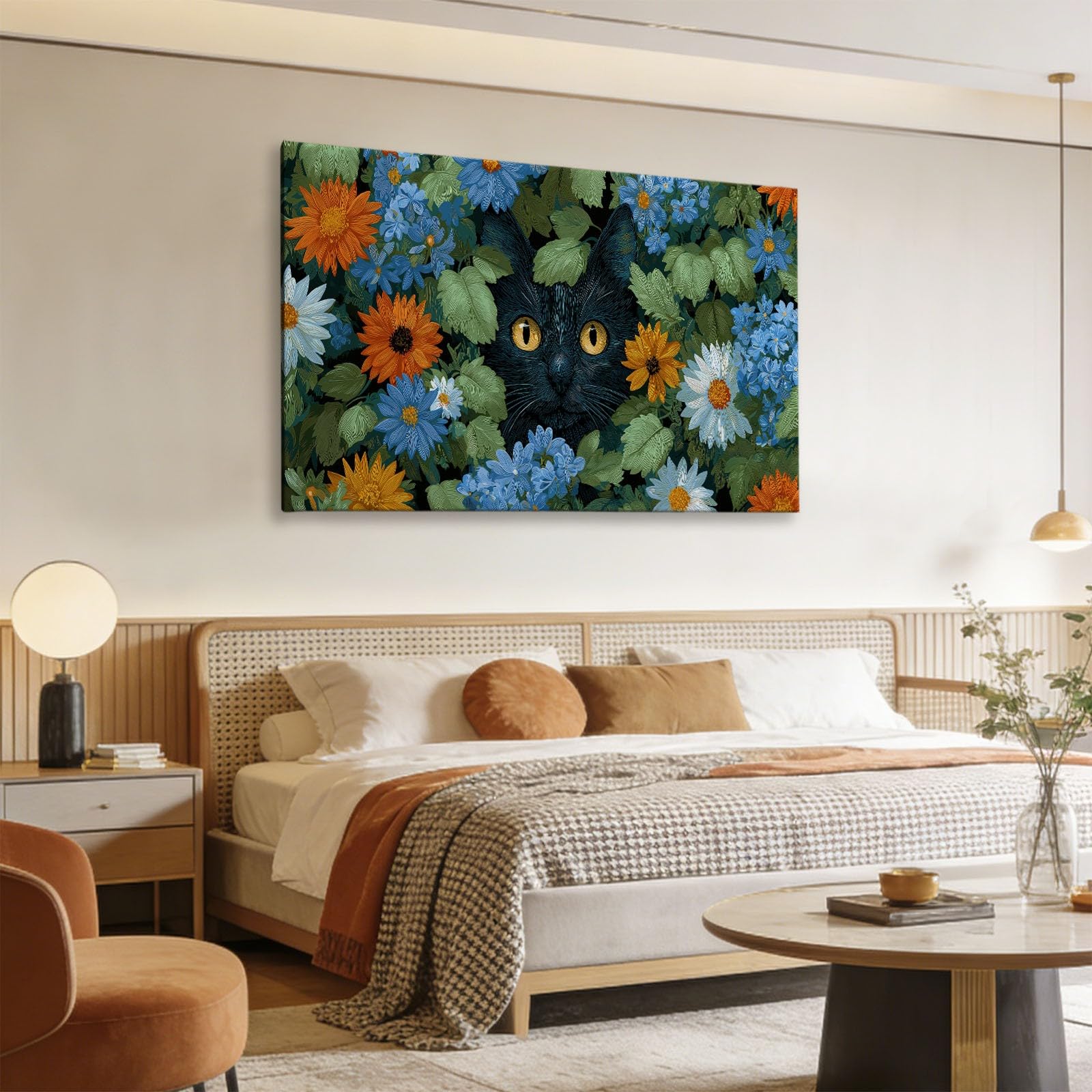 Dunkelgrün Ländlicher Tier Katze Sonnenblume Modernes Leinwandbild 90L x 60B cm mit Rahmen, Rustikal XXL Wanddeko für Wohnzimmer Geschenk Idee Einzug - Hochwertiger Kunstdruck auf Holzrahmen