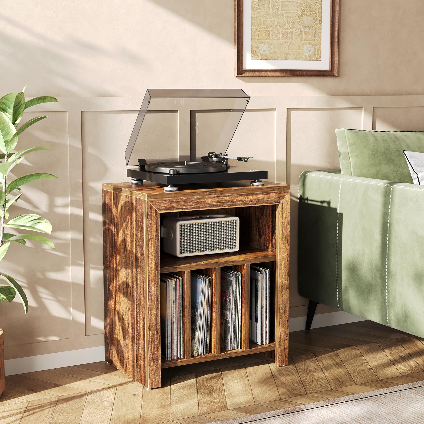 Tribesigns Support pour Tourne-Disque, 60 x 40 x 70 cm, Peut contenir jusqu'à 160 Albums, Support de Rangement en Vinyle Mid-Century avec Pieds en Bois, Marron Rustique