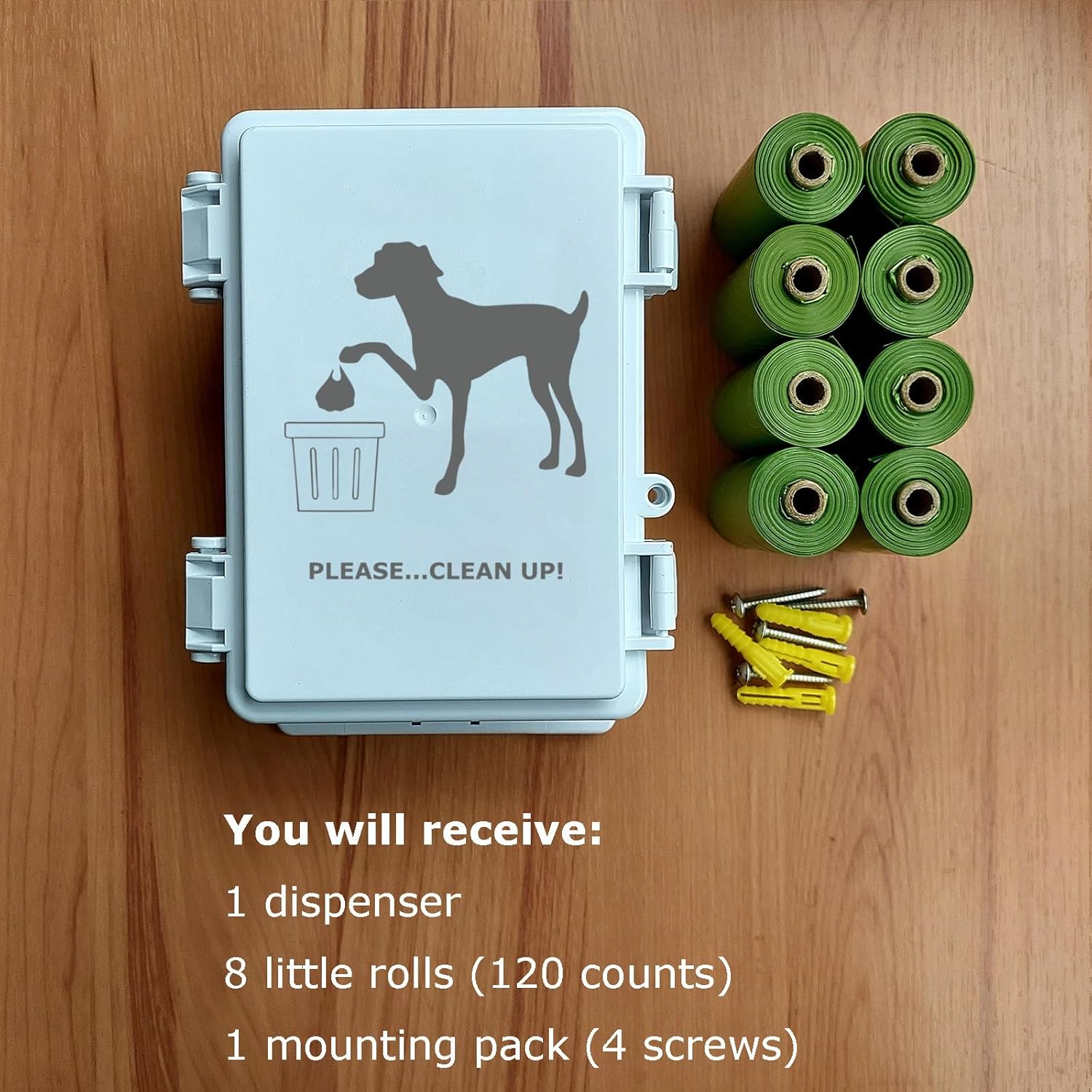 Dog Poop Bag Holder Outdoor Wall Mounted Doggie Poop Bags Storage Dispenser with 8 Rolls Small Pet Waste Station for Yard Stake, Pole, Post, Fence Mount (White dispenser+8 rolls)