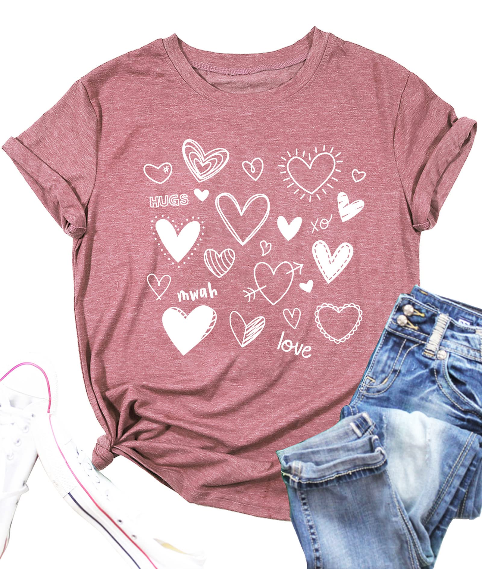 PECHARValentines Day Shirt for Women Cute Love Heart Tshirts Graphic Valentine Gift Tee Casual Hearts Tops