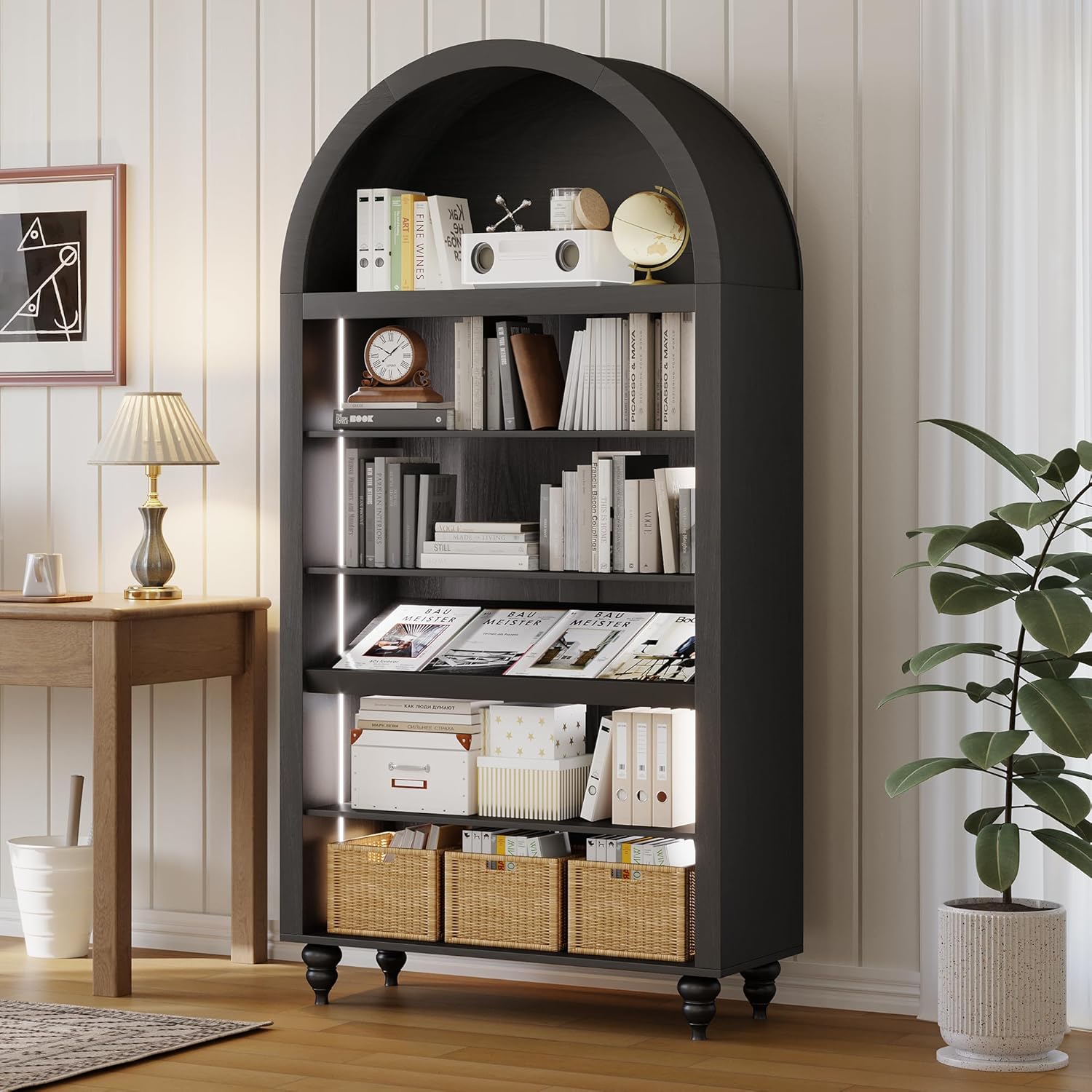 6-Tier Arched Bookshelf with LED Sensor Lights, Arch Open Bookcase 71" Tall x 35.4" Wide, Thick Wooden Display Cabinet for Collection's Books, Living Room, Office, Kitchen Pantry Display Shelf (Black)